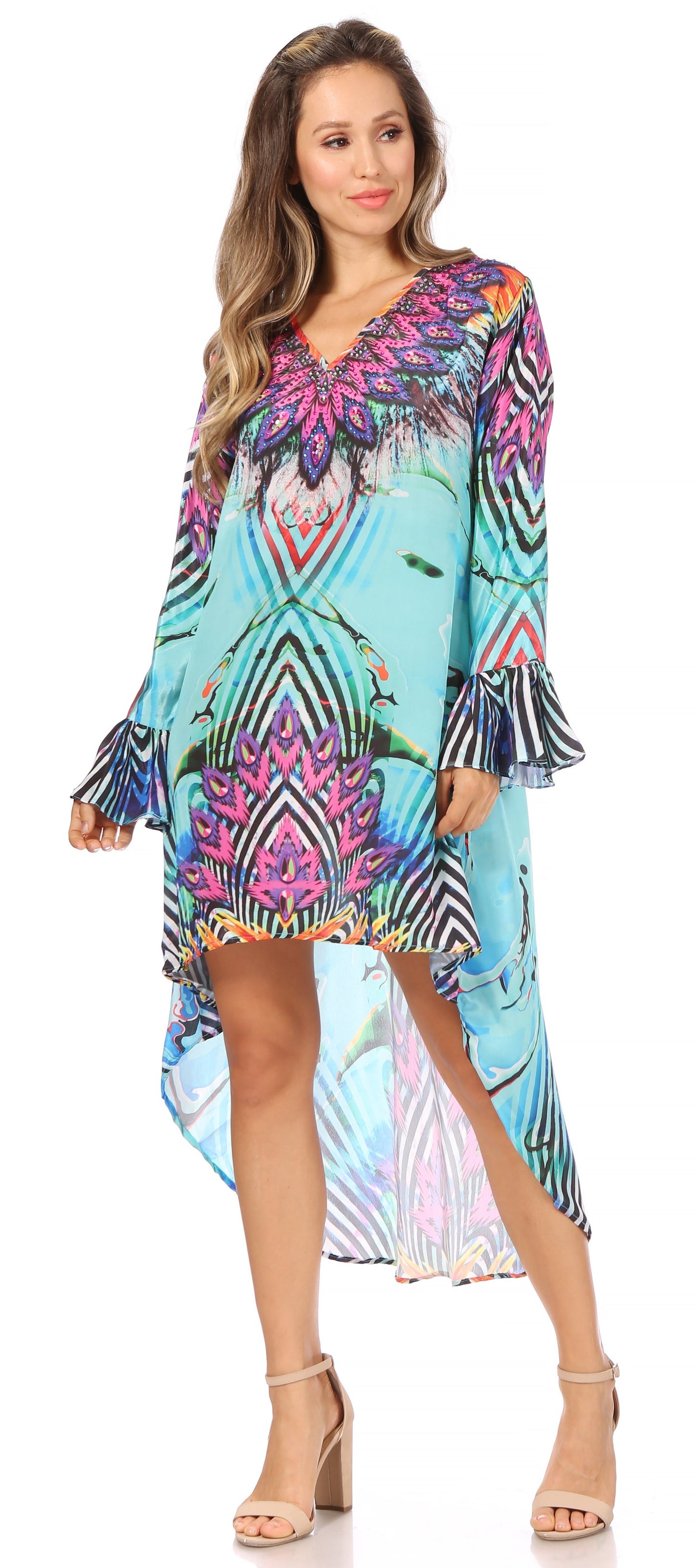 Sakkas Rema Women's Boho Shift Tunic High Low V-neck Long Sleeve Dress with Print - Concordia Style Boutique