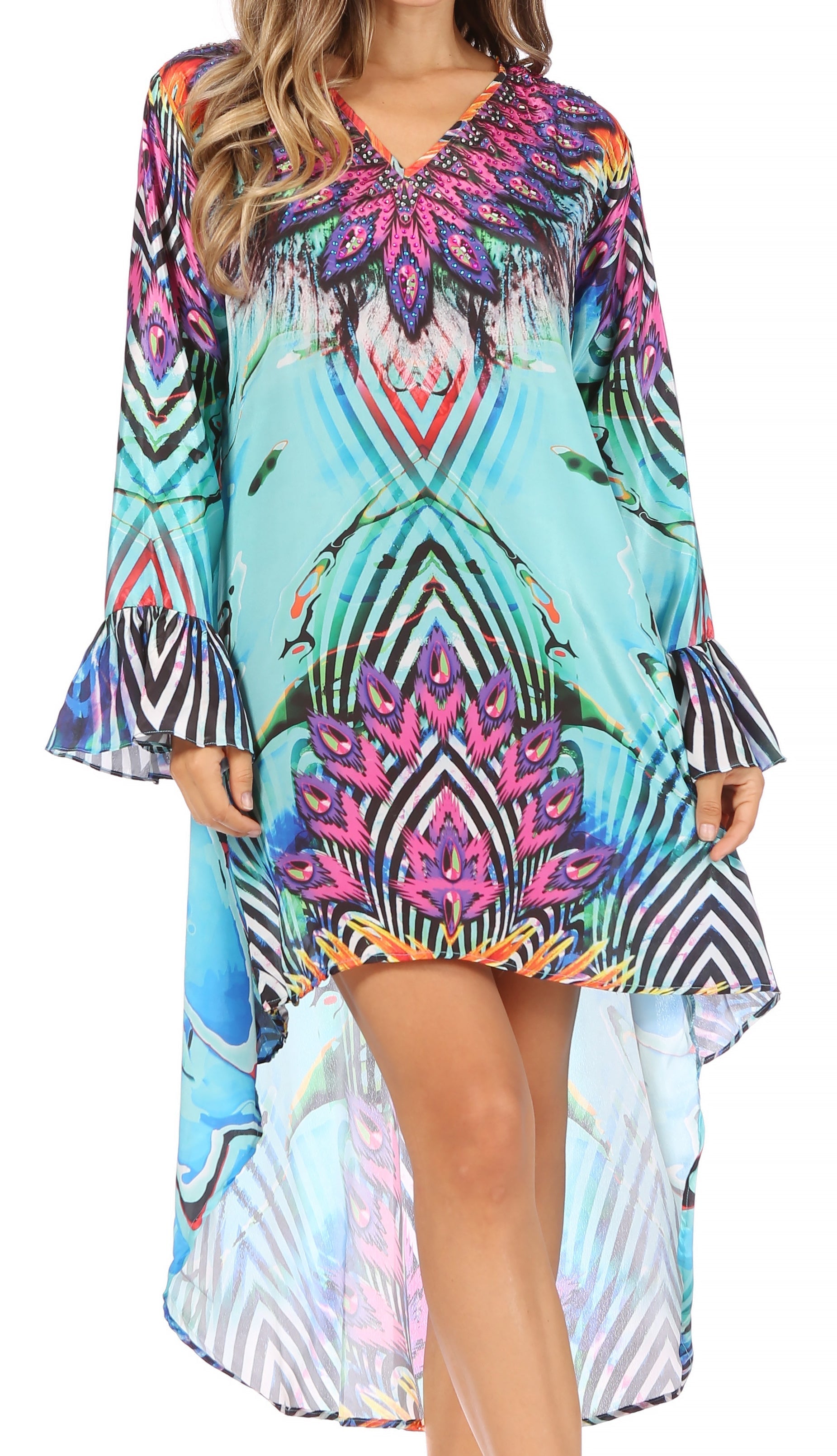 Sakkas Rema Women's Boho Shift Tunic High Low V-neck Long Sleeve Dress with Print - Concordia Style Boutique