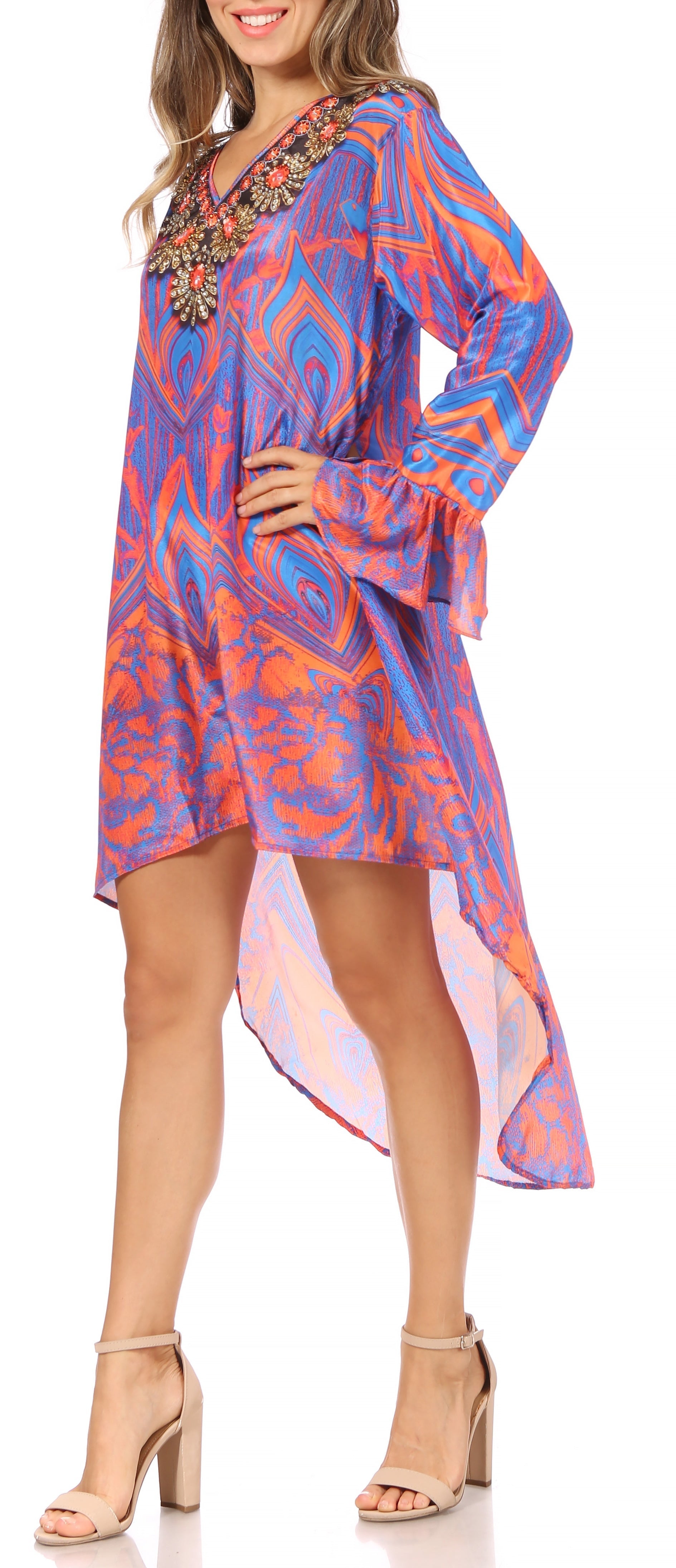 Sakkas Rema Women's Boho Shift Tunic High Low V-neck Long Sleeve Dress with Print - Concordia Style Boutique