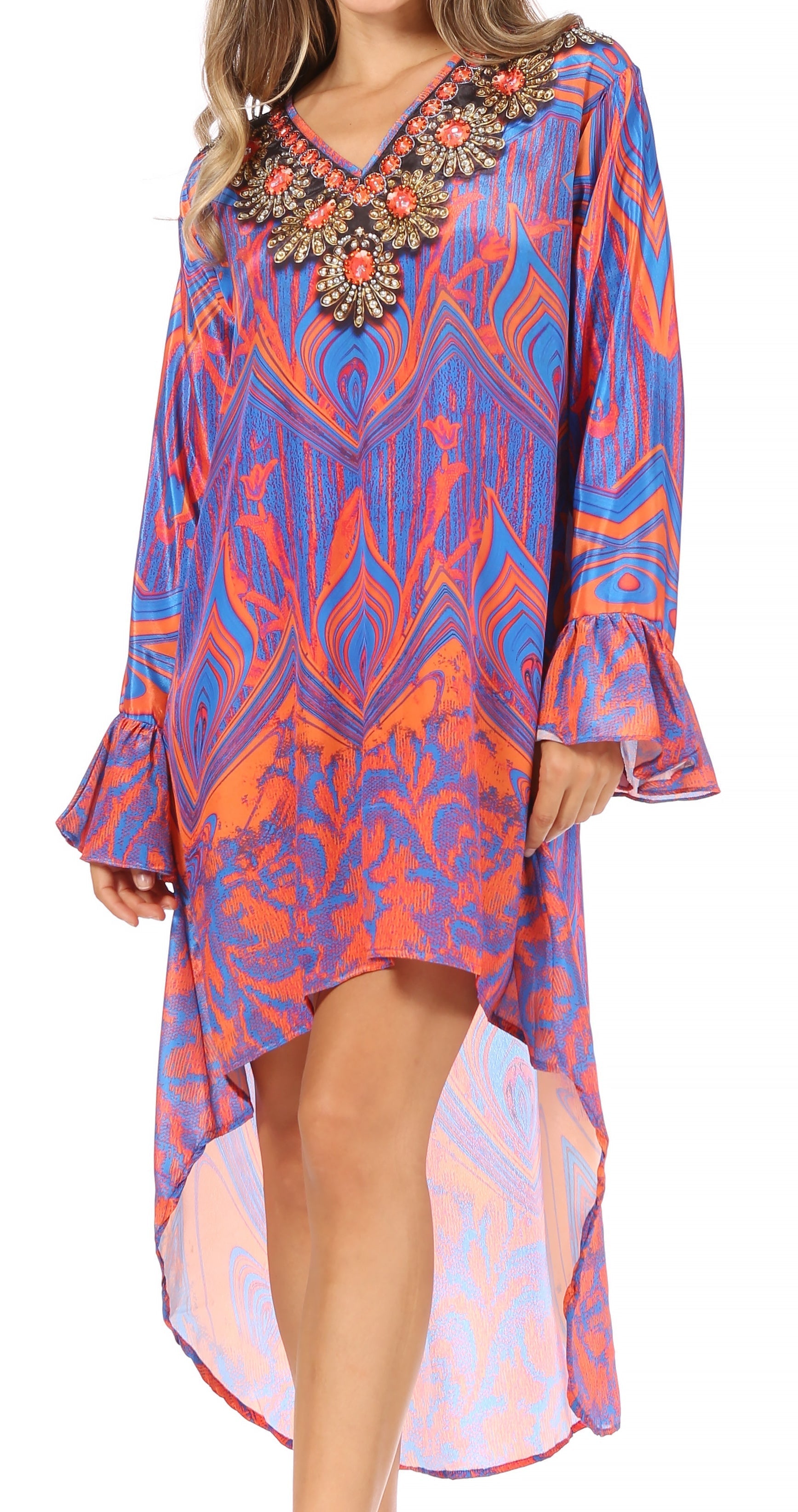 Sakkas Rema Women's Boho Shift Tunic High Low V-neck Long Sleeve Dress with Print - Concordia Style Boutique