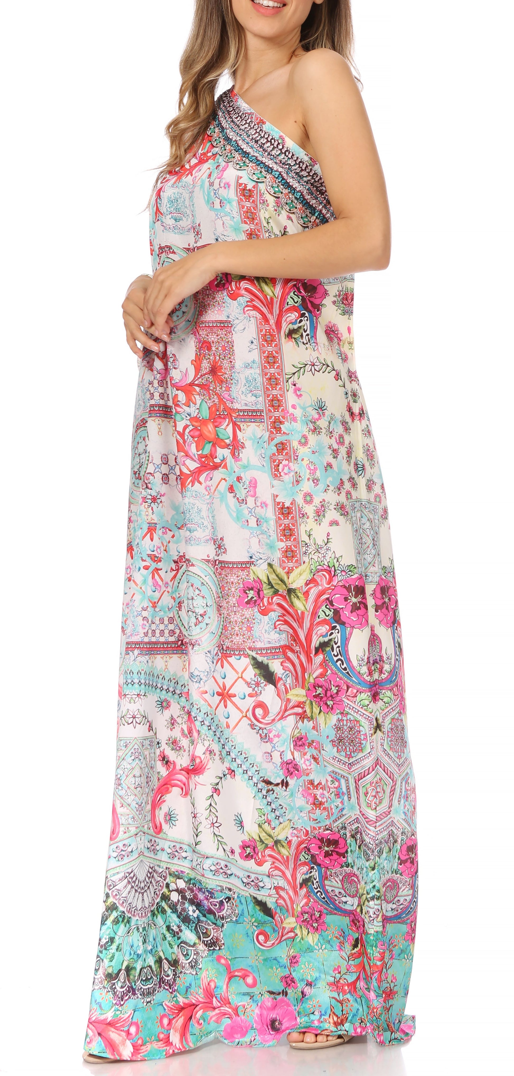 Sakkas Dora Women's One Shoulder Short Sleeve Casual Elegant Maxi Dress with Print - Concordia Style Boutique