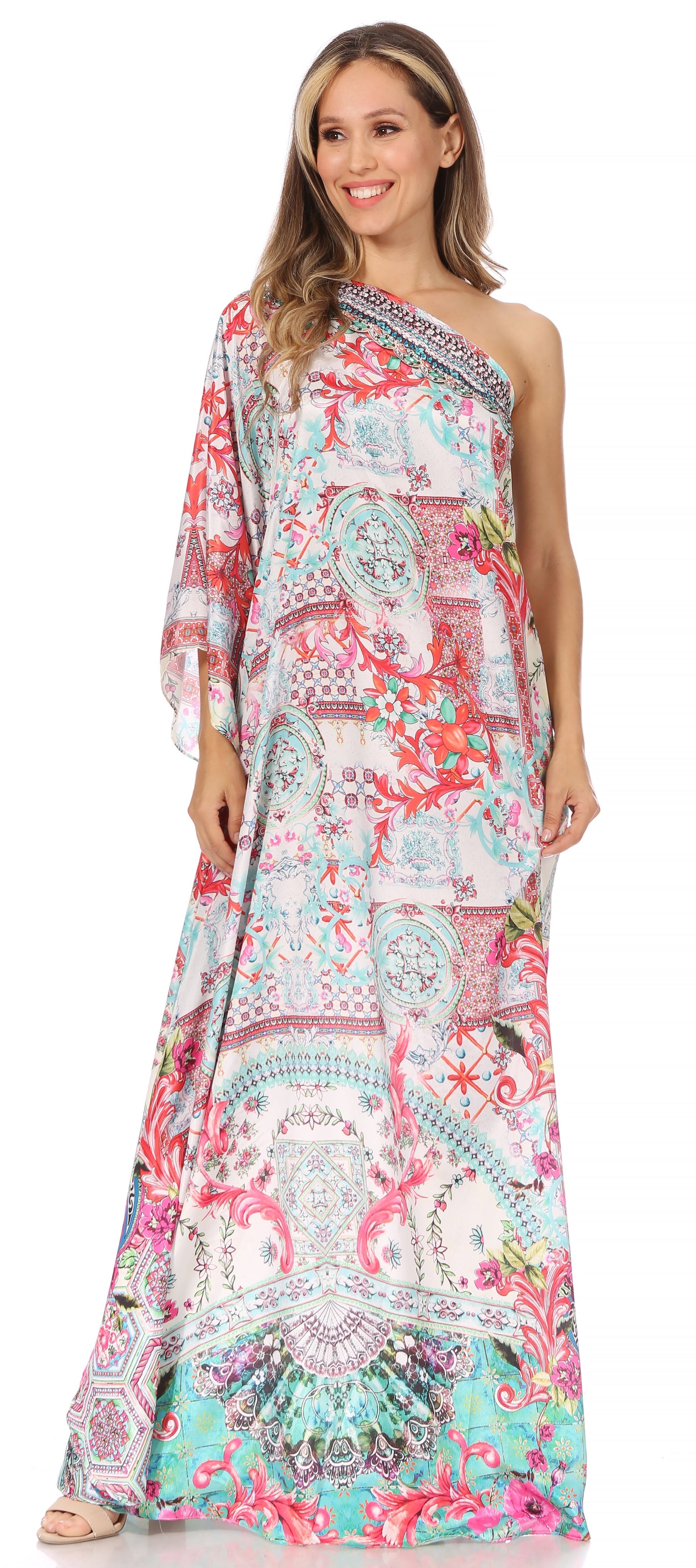 Sakkas Dora Women's One Shoulder Short Sleeve Casual Elegant Maxi Dress with Print - Concordia Style Boutique