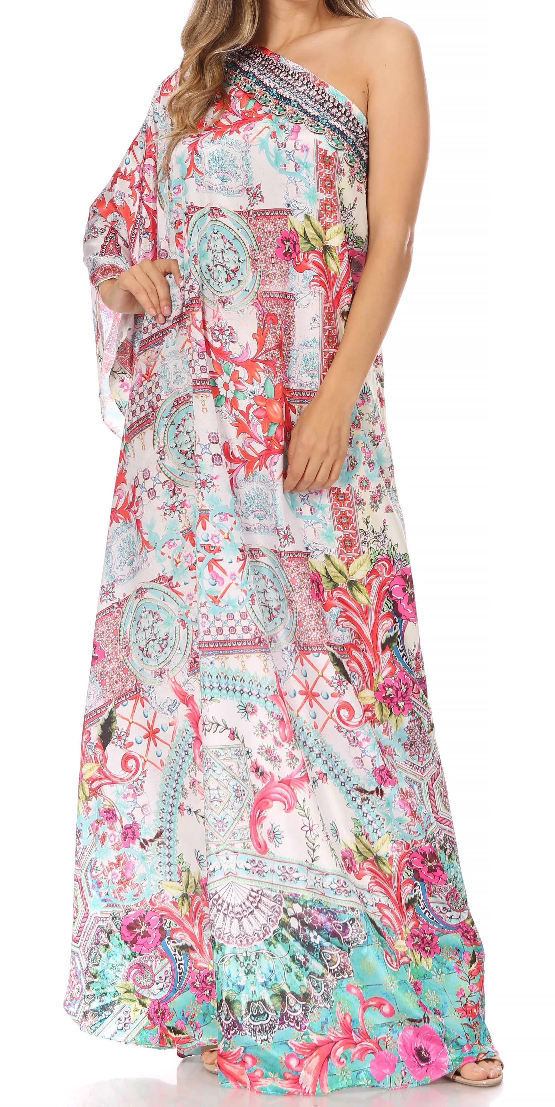 Sakkas Dora Women's One Shoulder Short Sleeve Casual Elegant Maxi Dress with Print - Concordia Style Boutique