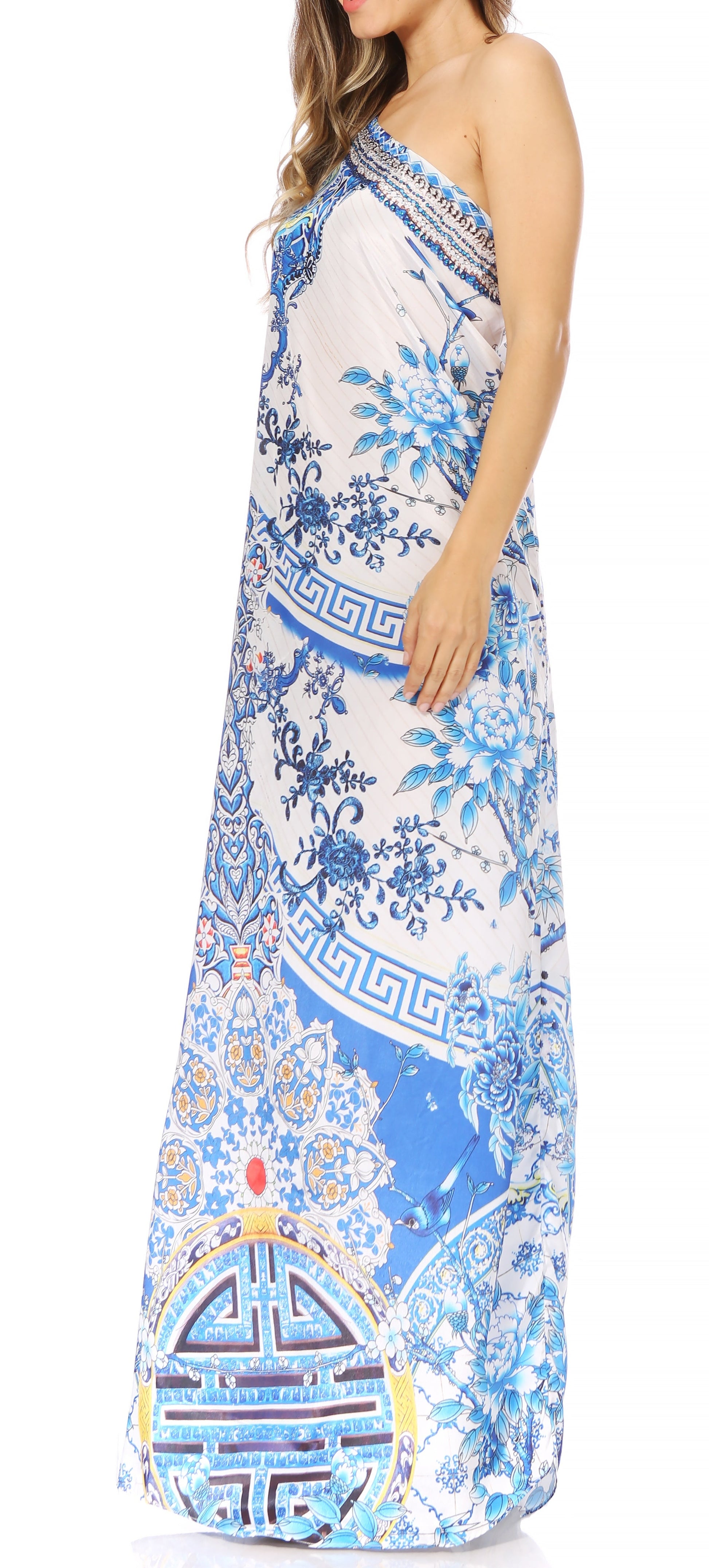 Sakkas Dora Women's One Shoulder Short Sleeve Casual Elegant Maxi Dress with Print - Concordia Style Boutique