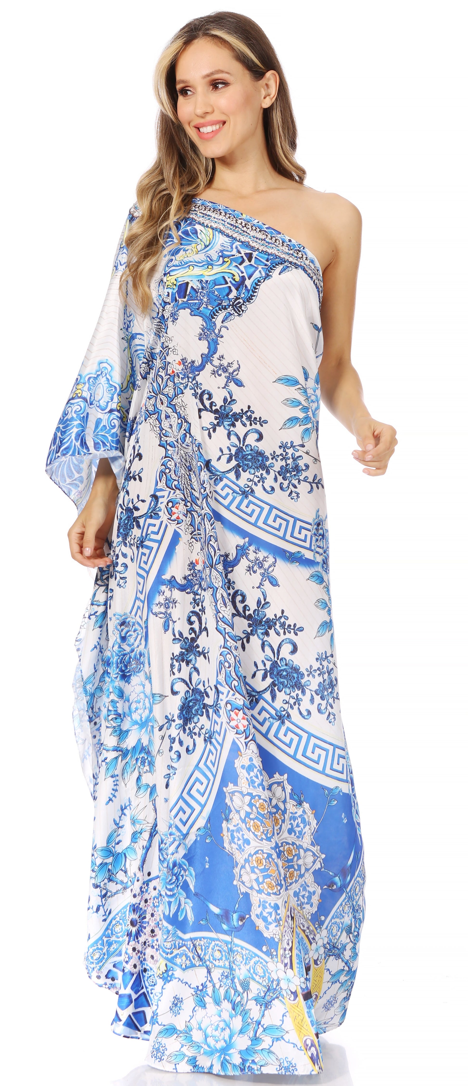 Sakkas Dora Women's One Shoulder Short Sleeve Casual Elegant Maxi Dress with Print - Concordia Style Boutique