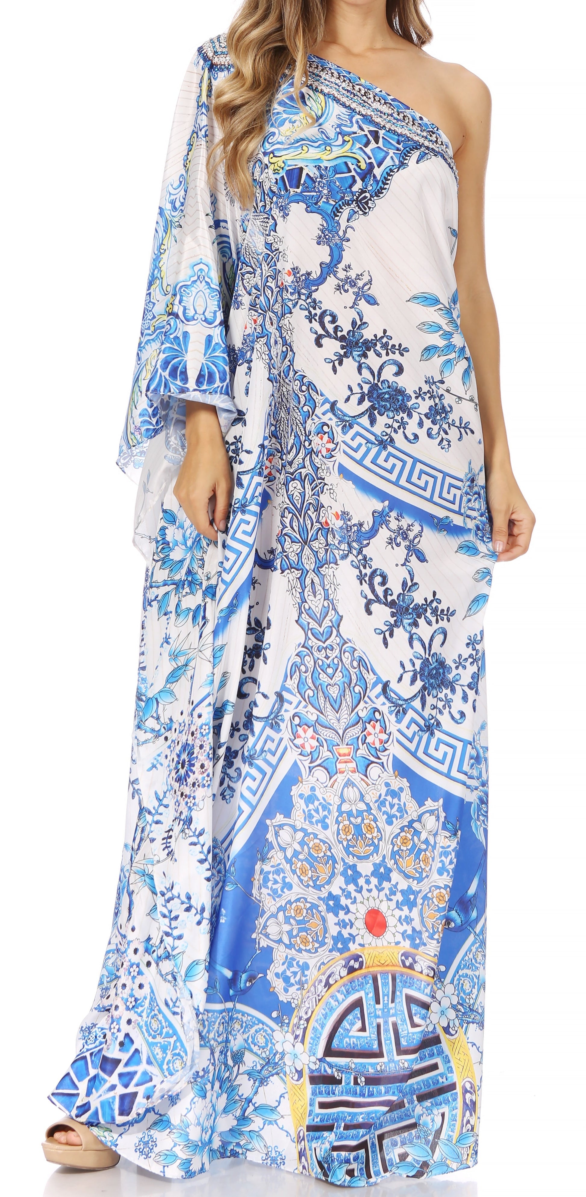Sakkas Dora Women's One Shoulder Short Sleeve Casual Elegant Maxi Dress with Print - Concordia Style Boutique