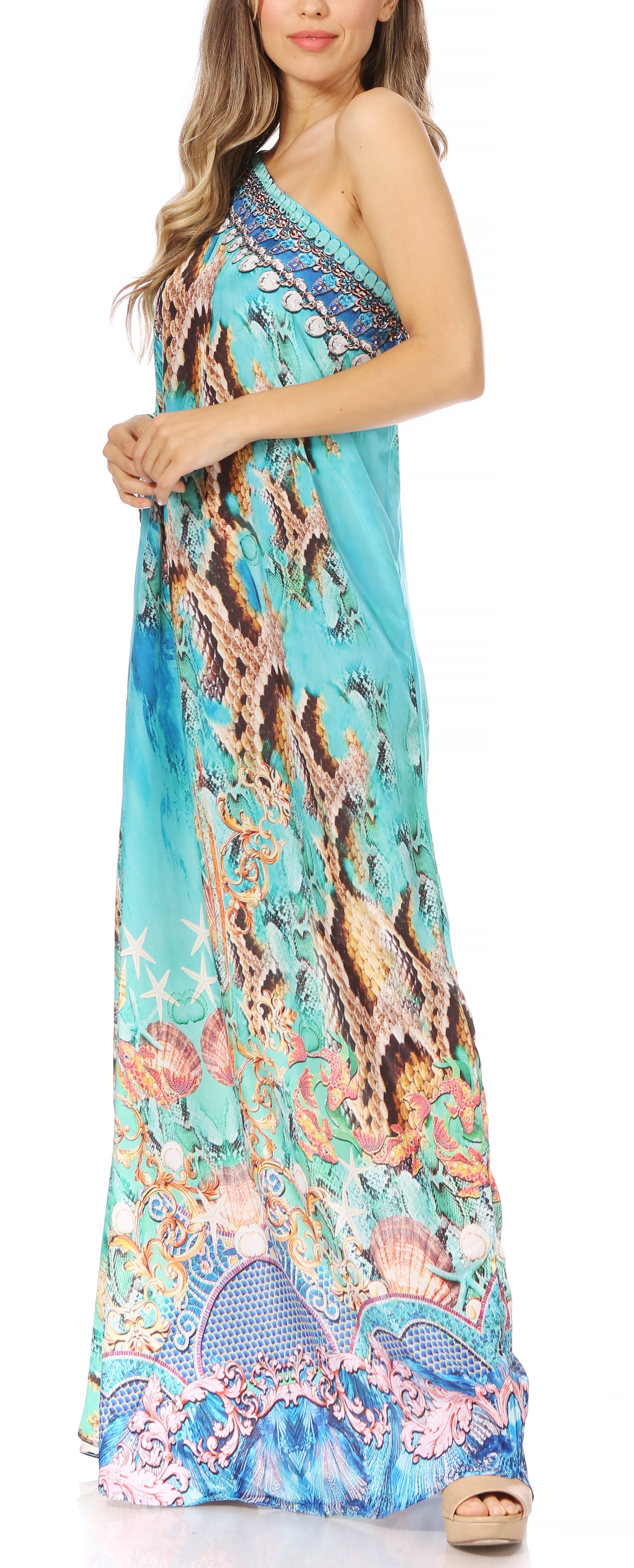Sakkas Dora Women's One Shoulder Short Sleeve Casual Elegant Maxi Dress with Print - Concordia Style Boutique
