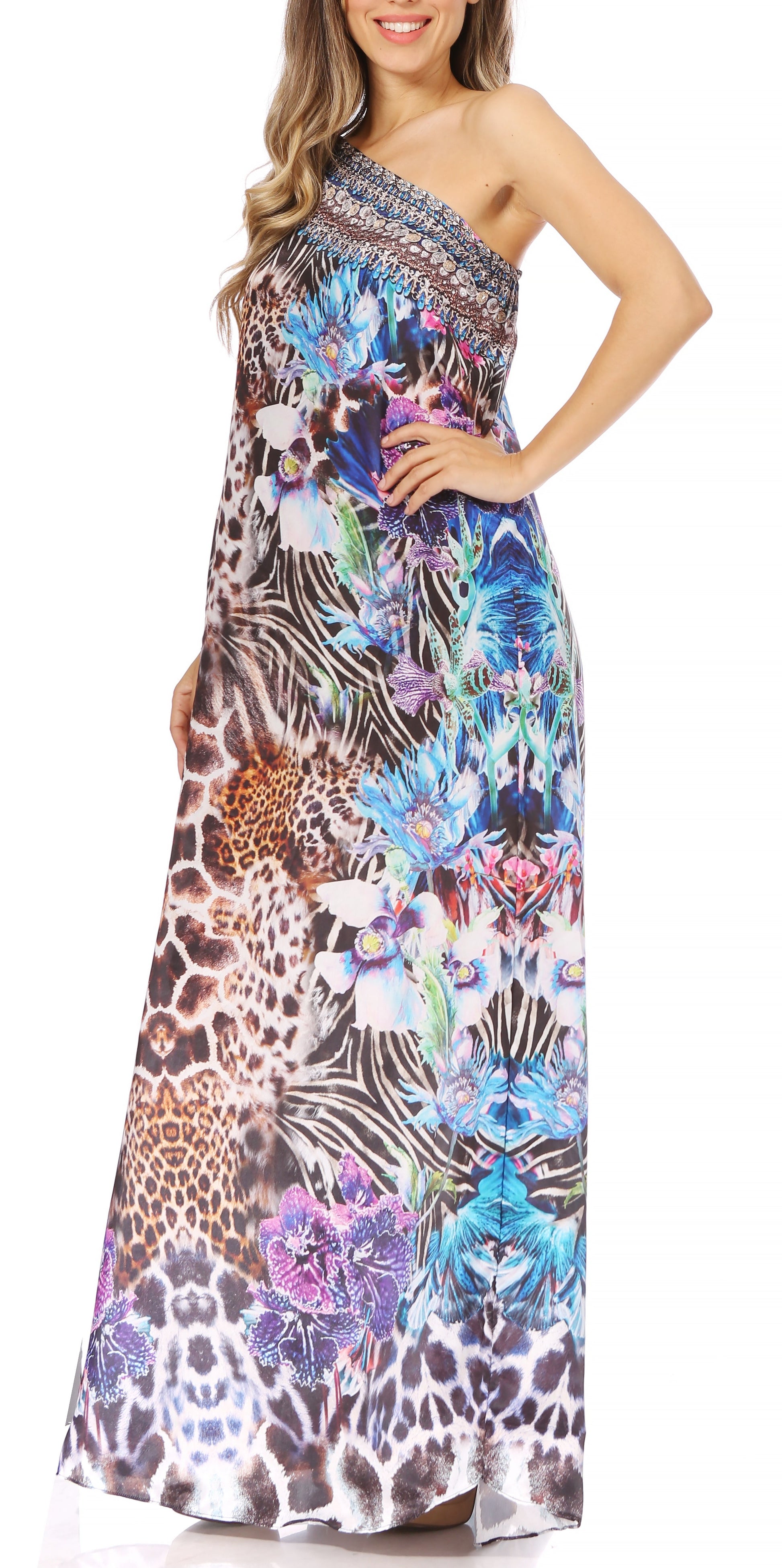 Sakkas Dora Women's One Shoulder Short Sleeve Casual Elegant Maxi Dress with Print - Concordia Style Boutique
