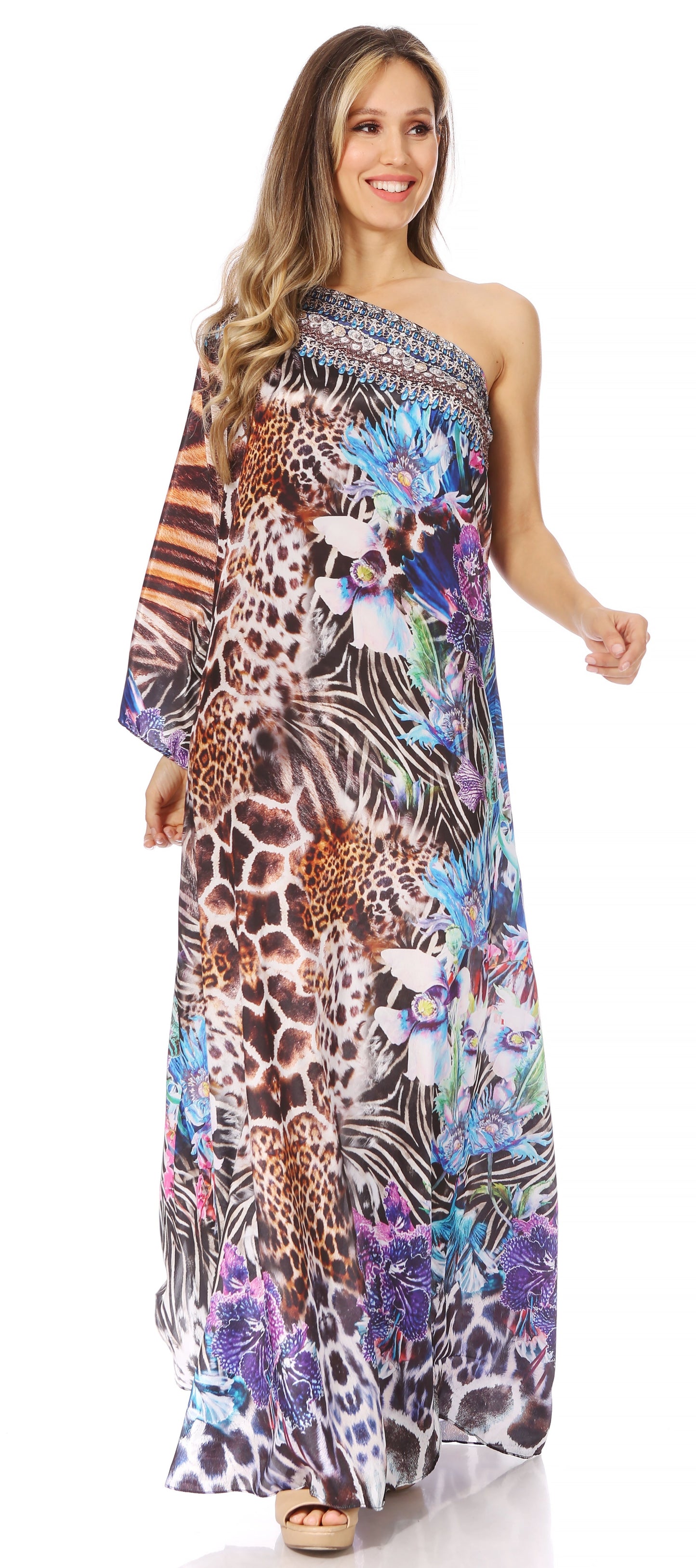 Sakkas Dora Women's One Shoulder Short Sleeve Casual Elegant Maxi Dress with Print - Concordia Style Boutique