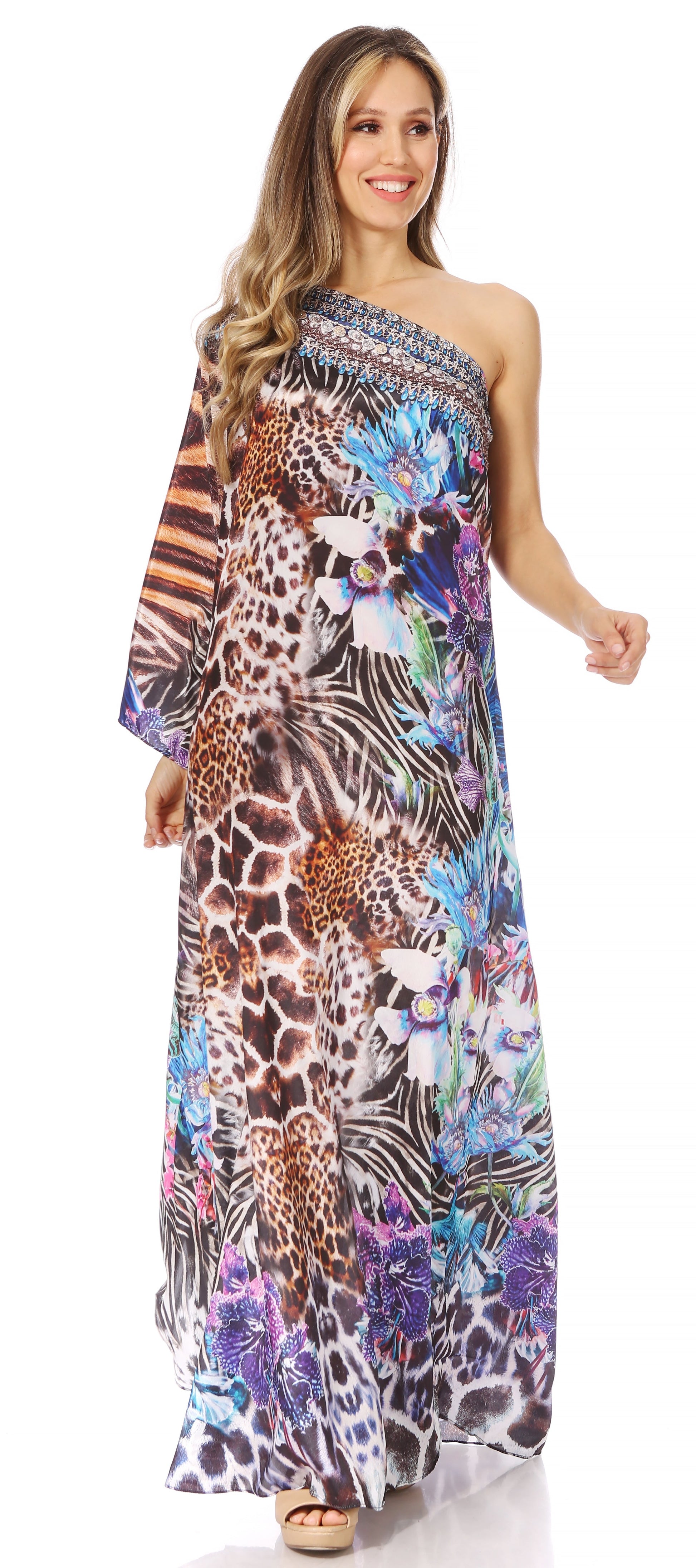 Sakkas Dora Women's One Shoulder Short Sleeve Casual Elegant Maxi Dress with Print - Concordia Style Boutique