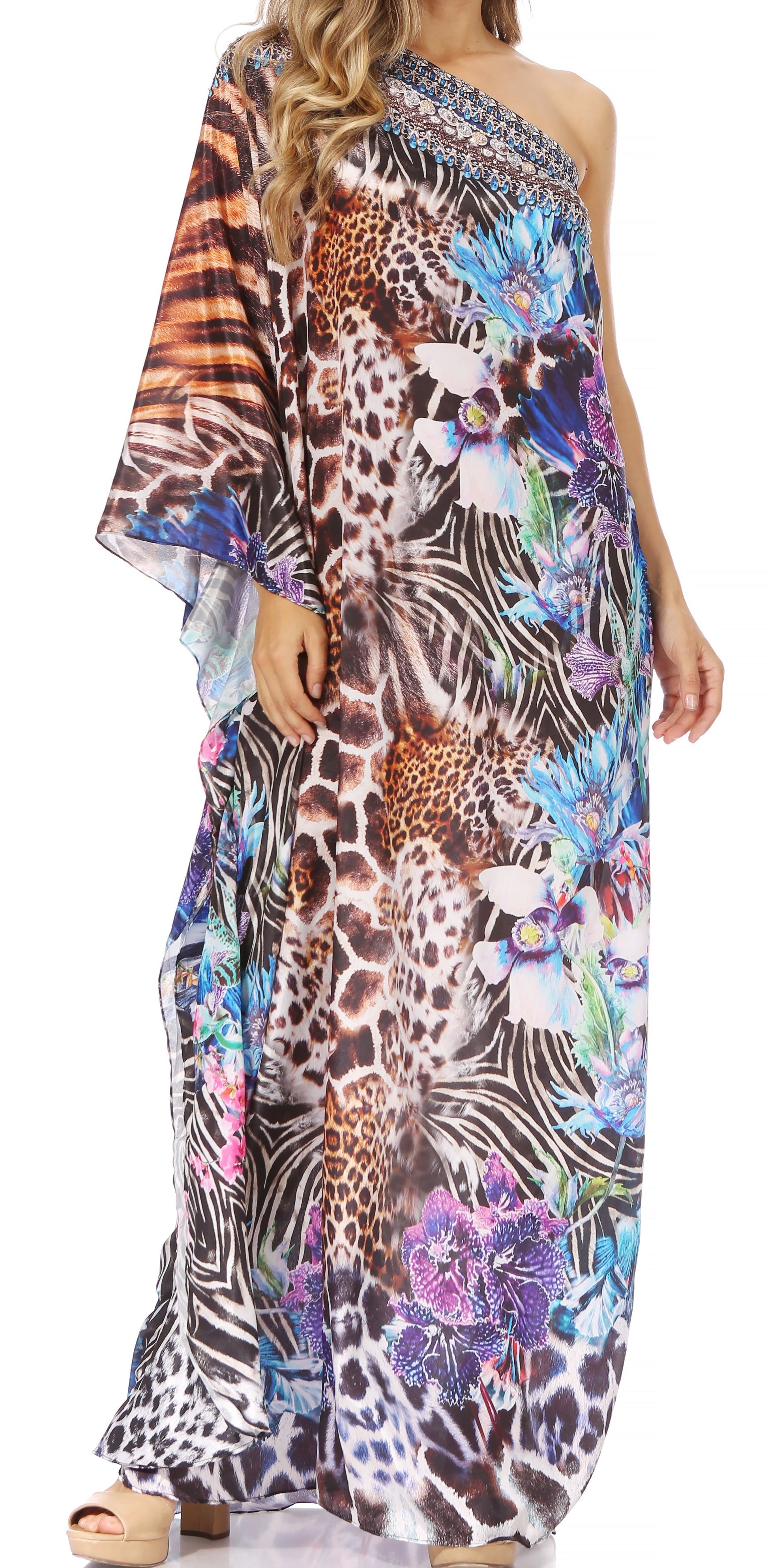 Sakkas Dora Women's One Shoulder Short Sleeve Casual Elegant Maxi Dress with Print - Concordia Style Boutique