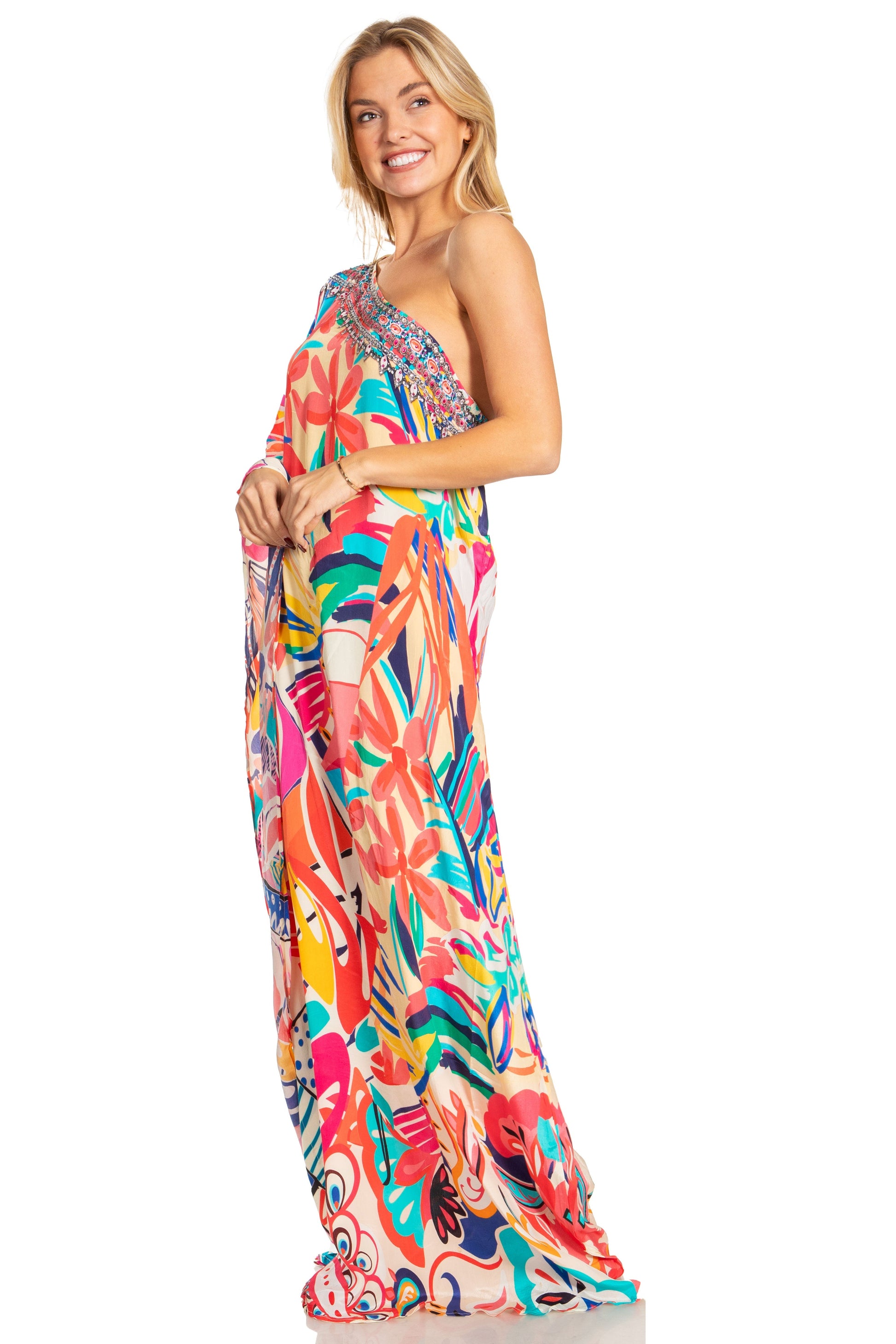 Sakkas Dora Women's One Shoulder Short Sleeve Casual Elegant Maxi Dress with Print - Concordia Style Boutique