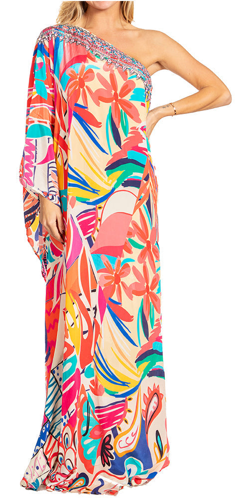Sakkas Dora Women's One Shoulder Short Sleeve Casual Elegant Maxi Dress with Print - Concordia Style Boutique