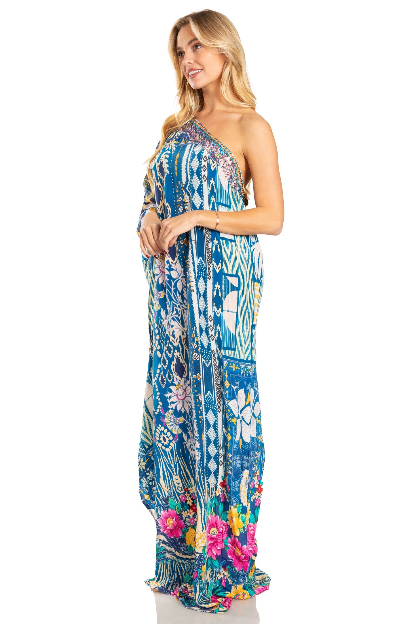 Sakkas Dora Women's One Shoulder Short Sleeve Casual Elegant Maxi Dress with Print - Concordia Style Boutique