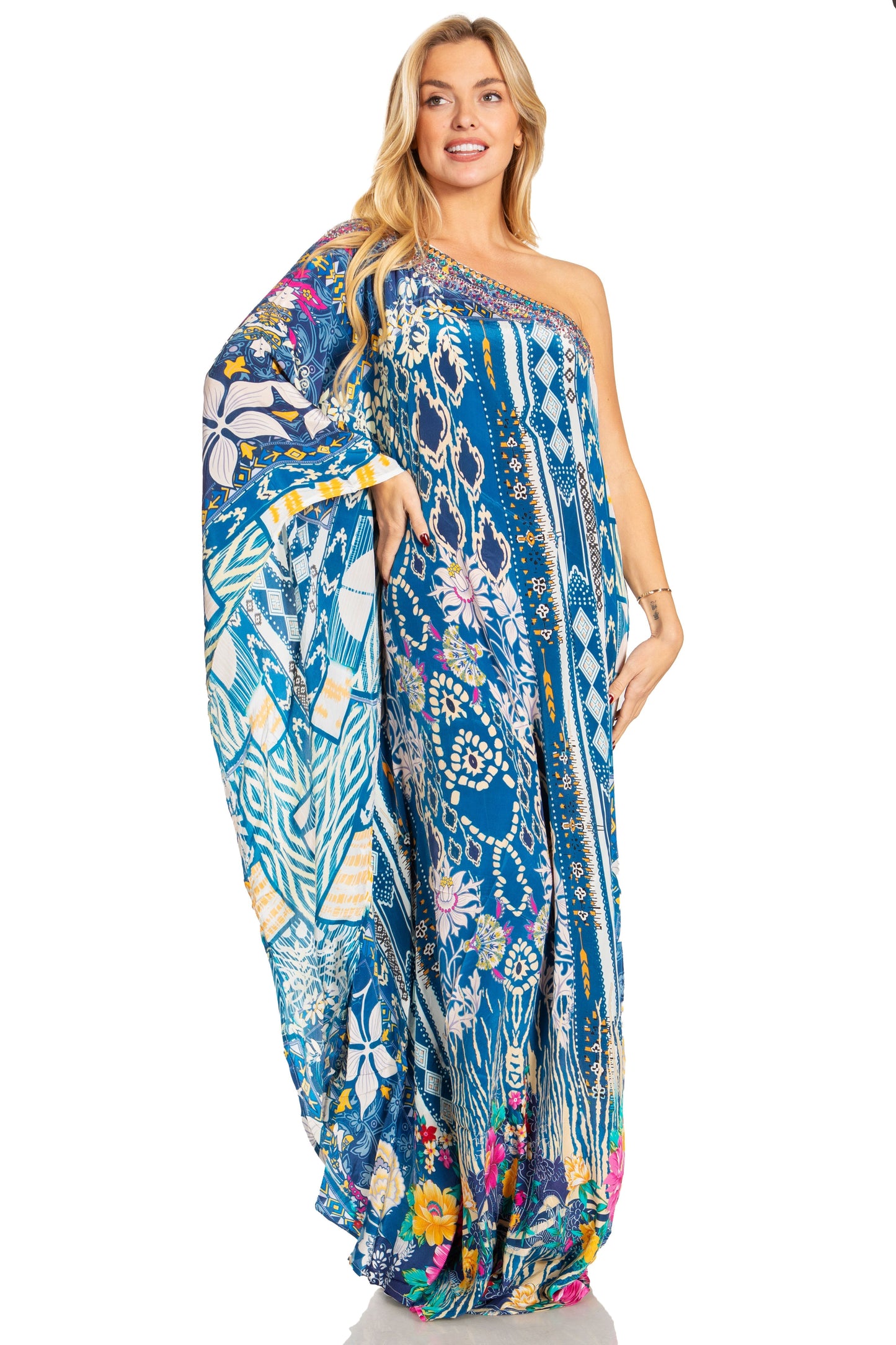 Sakkas Dora Women's One Shoulder Short Sleeve Casual Elegant Maxi Dress with Print - Concordia Style Boutique