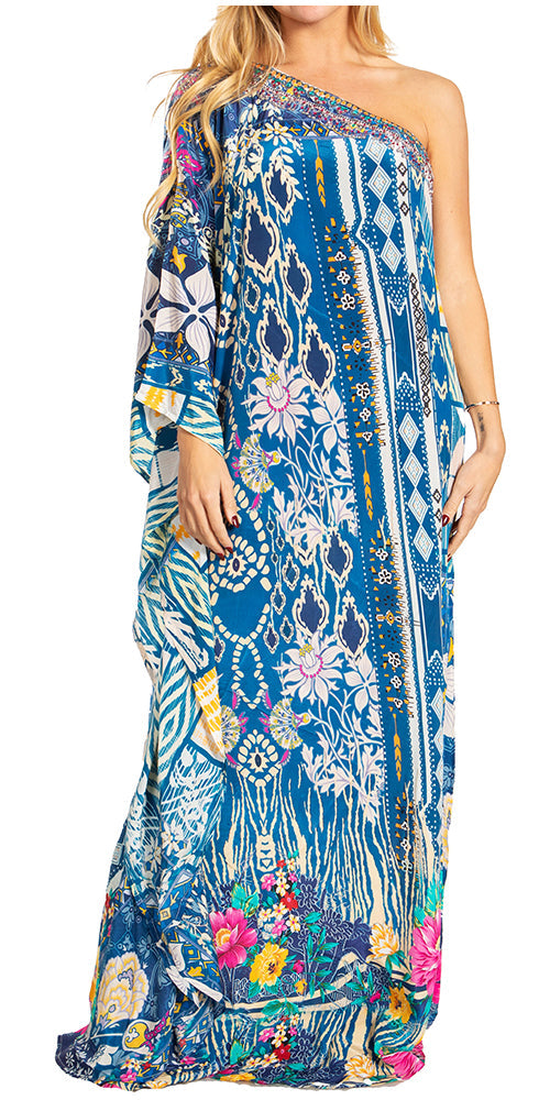 Sakkas Dora Women's One Shoulder Short Sleeve Casual Elegant Maxi Dress with Print - Concordia Style Boutique