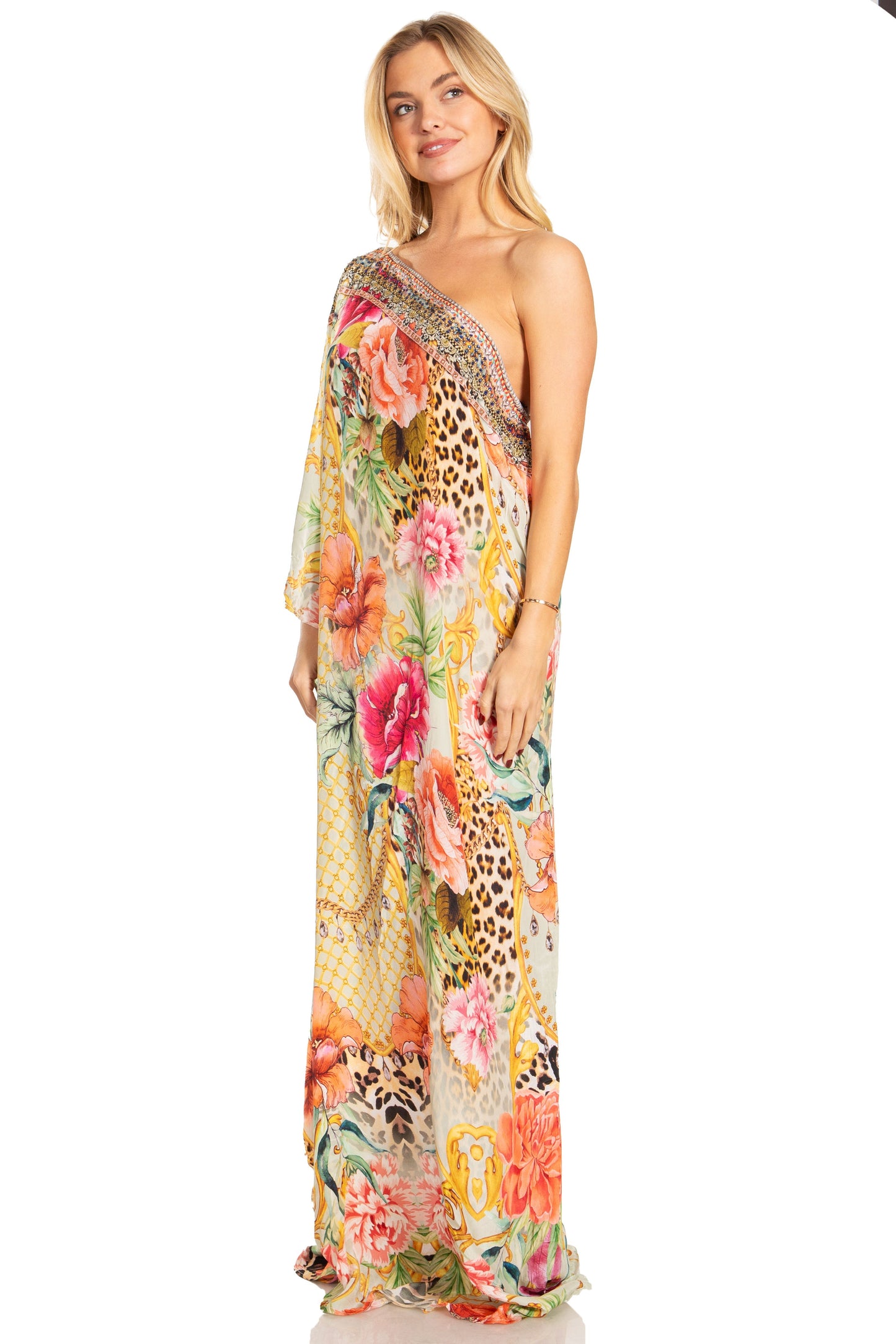Sakkas Dora Women's One Shoulder Short Sleeve Casual Elegant Maxi Dress with Print - Concordia Style Boutique