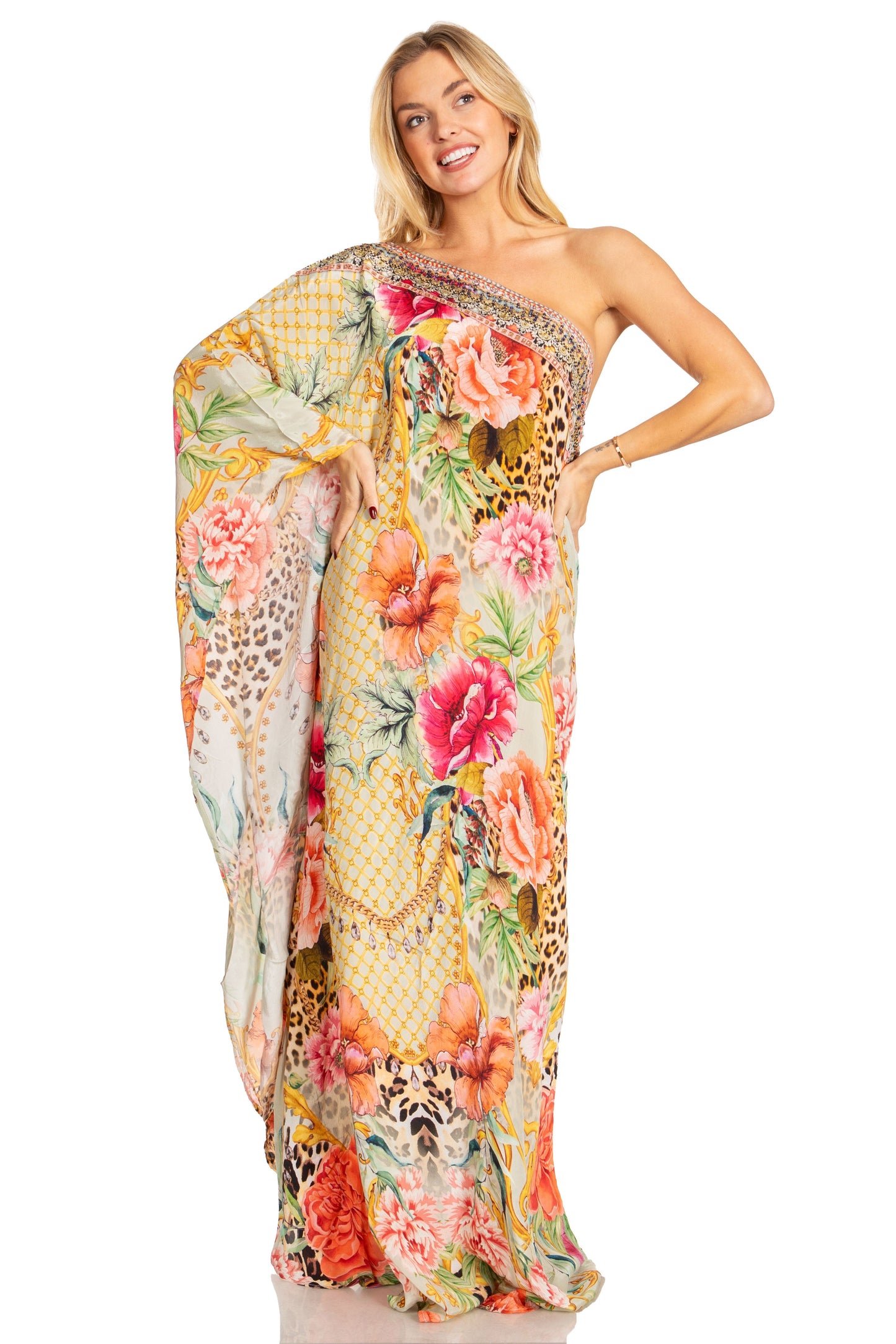 Sakkas Dora Women's One Shoulder Short Sleeve Casual Elegant Maxi Dress with Print - Concordia Style Boutique