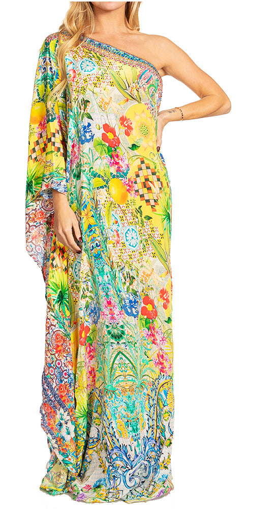 Sakkas Dora Women's One Shoulder Short Sleeve Casual Elegant Maxi Dress with Print - Concordia Style Boutique