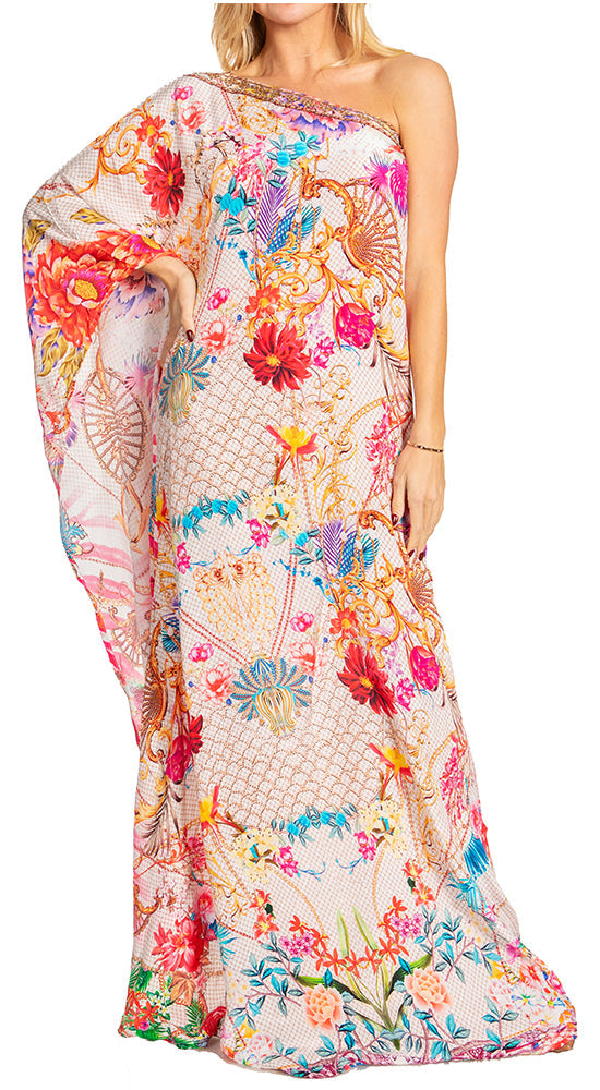 Sakkas Dora Women's One Shoulder Short Sleeve Casual Elegant Maxi Dress with Print - Concordia Style Boutique