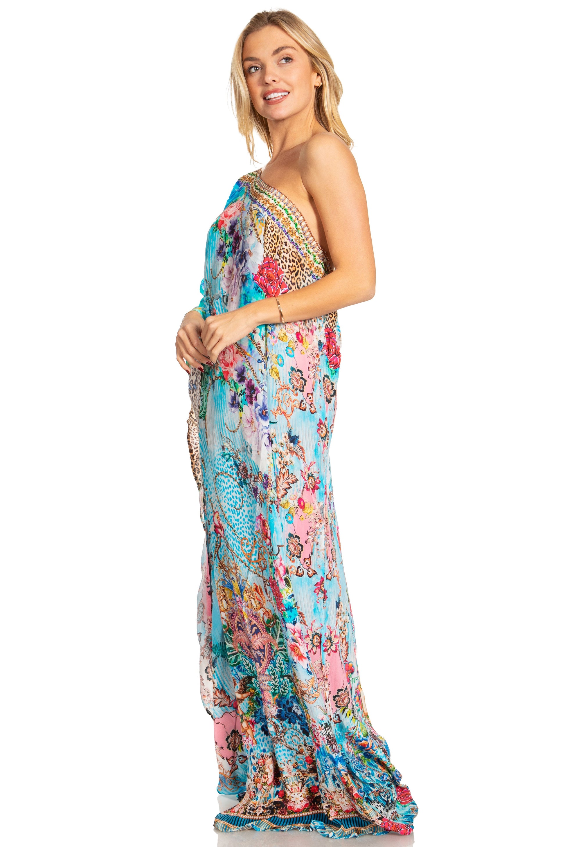 Sakkas Dora Women's One Shoulder Short Sleeve Casual Elegant Maxi Dress with Print - Concordia Style Boutique