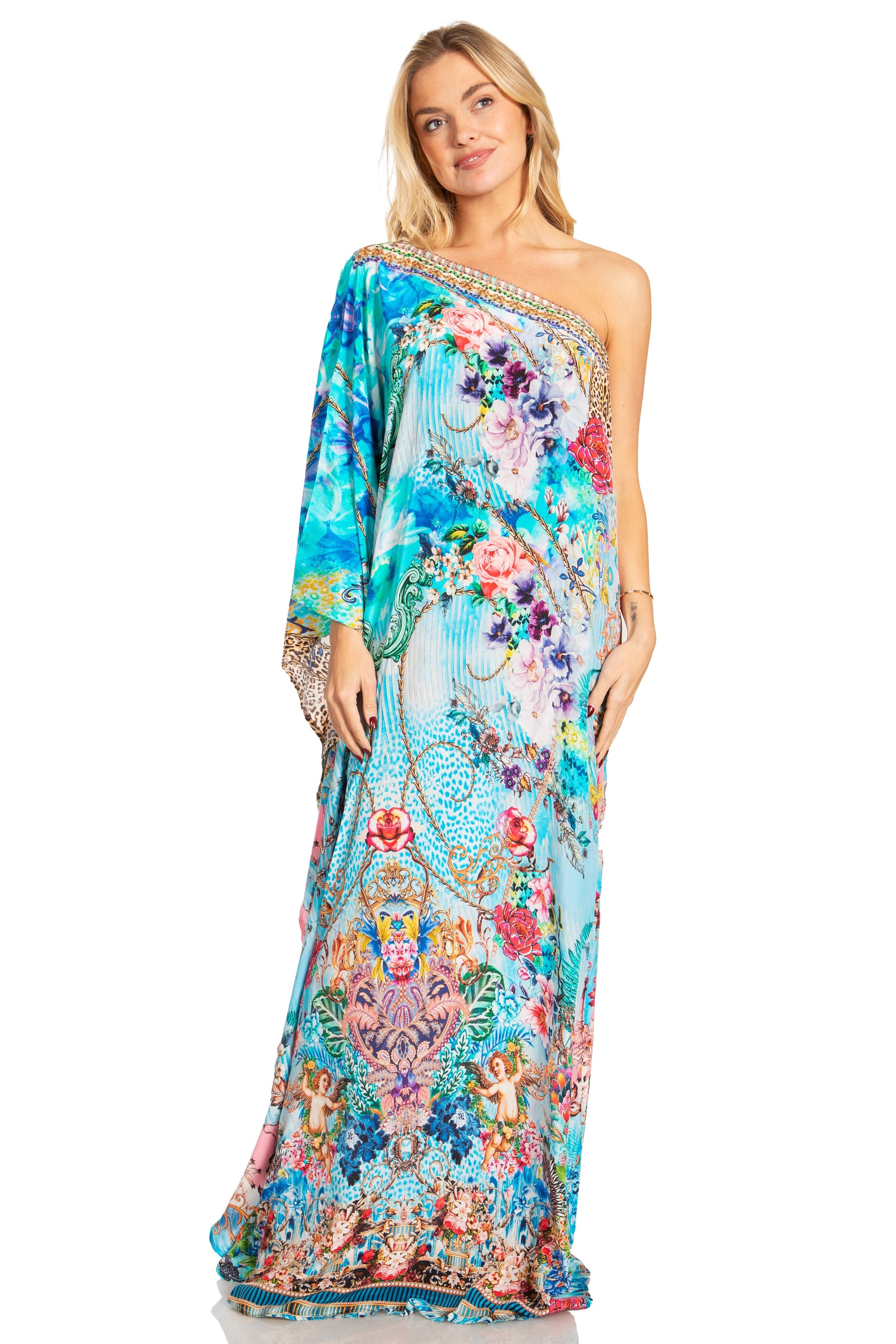 Sakkas Dora Women's One Shoulder Short Sleeve Casual Elegant Maxi Dress with Print - Concordia Style Boutique
