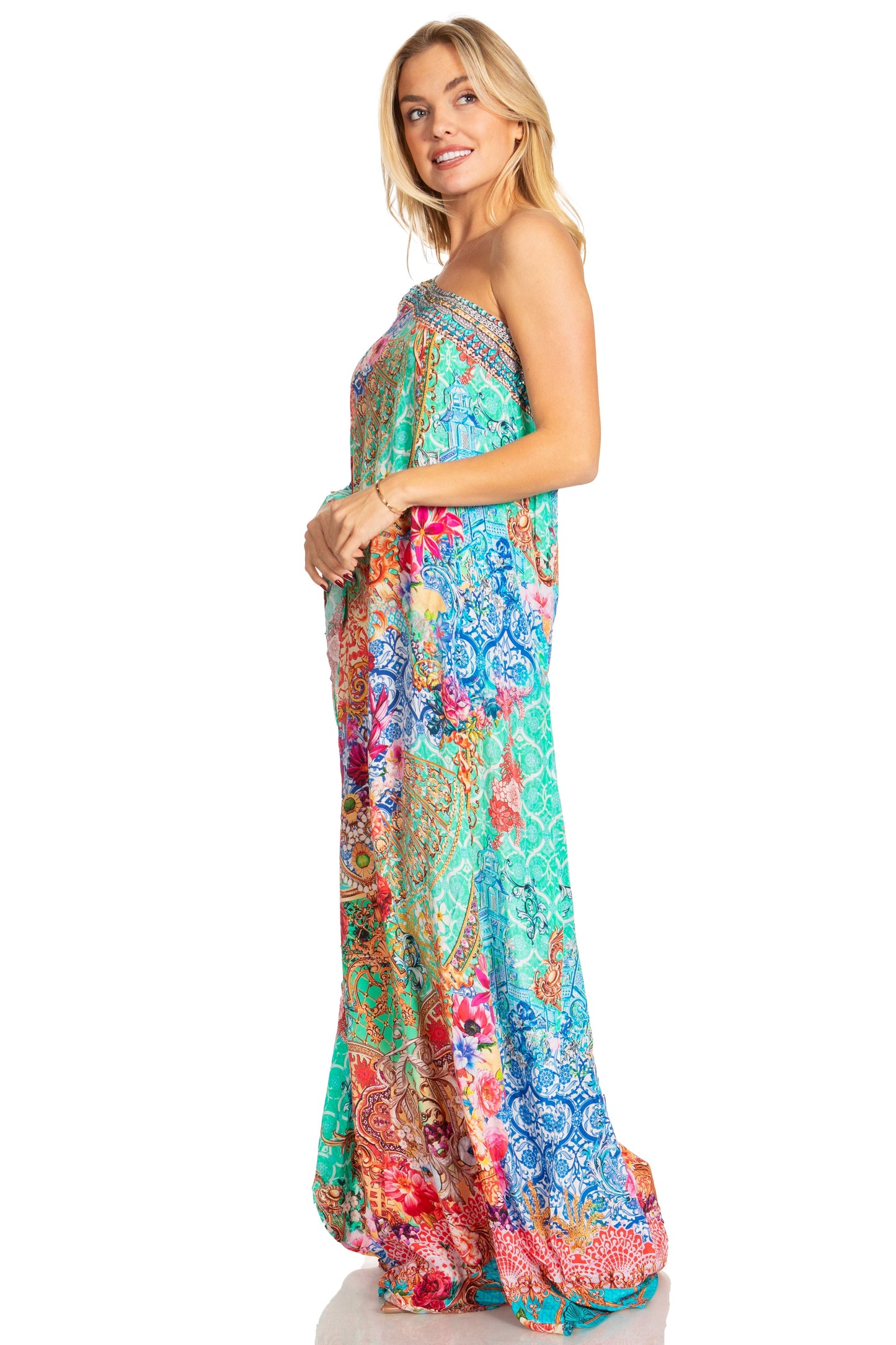Sakkas Dora Women's One Shoulder Short Sleeve Casual Elegant Maxi Dress with Print - Concordia Style Boutique