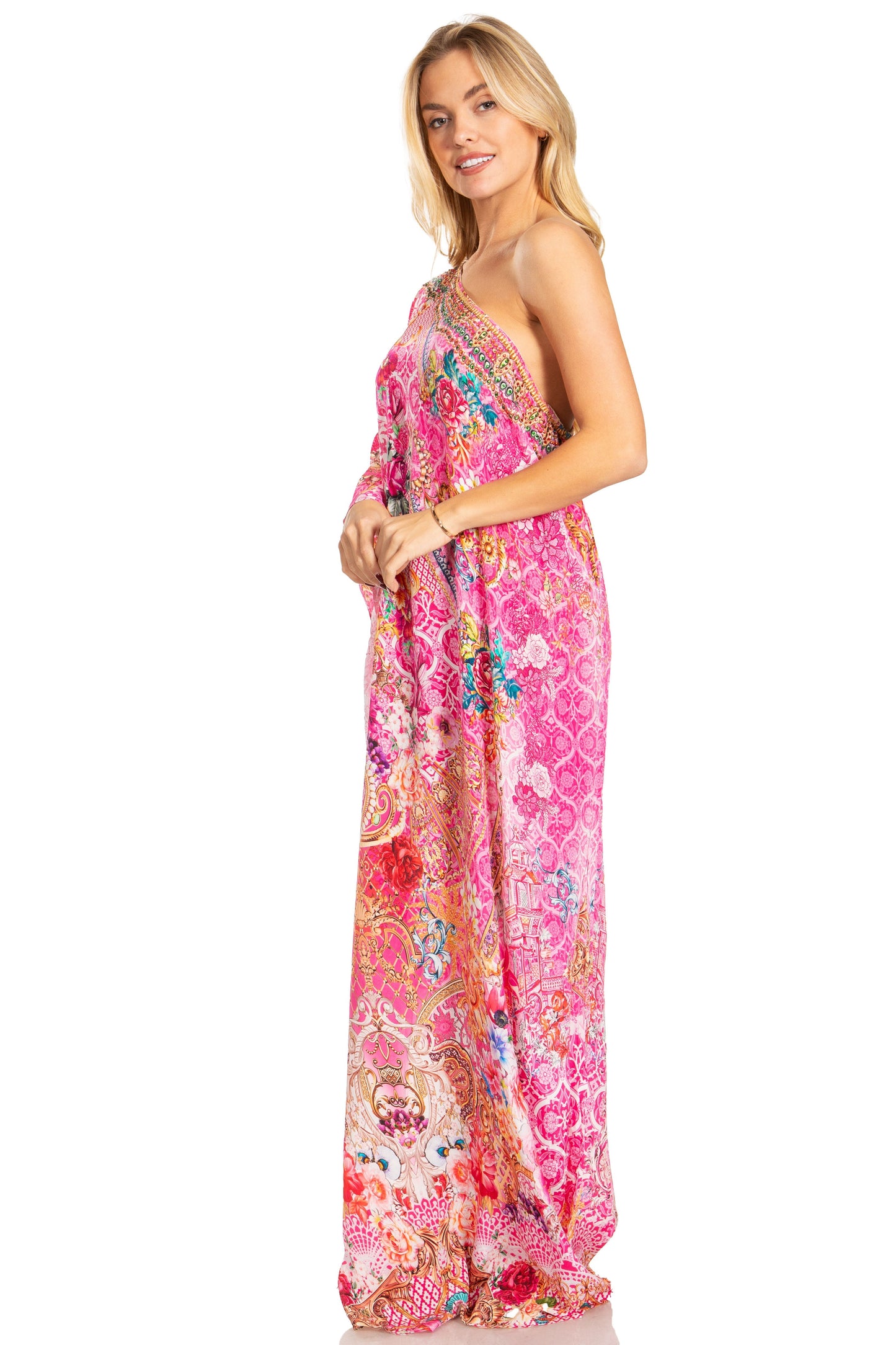 Sakkas Dora Women's One Shoulder Short Sleeve Casual Elegant Maxi Dress with Print - Concordia Style Boutique