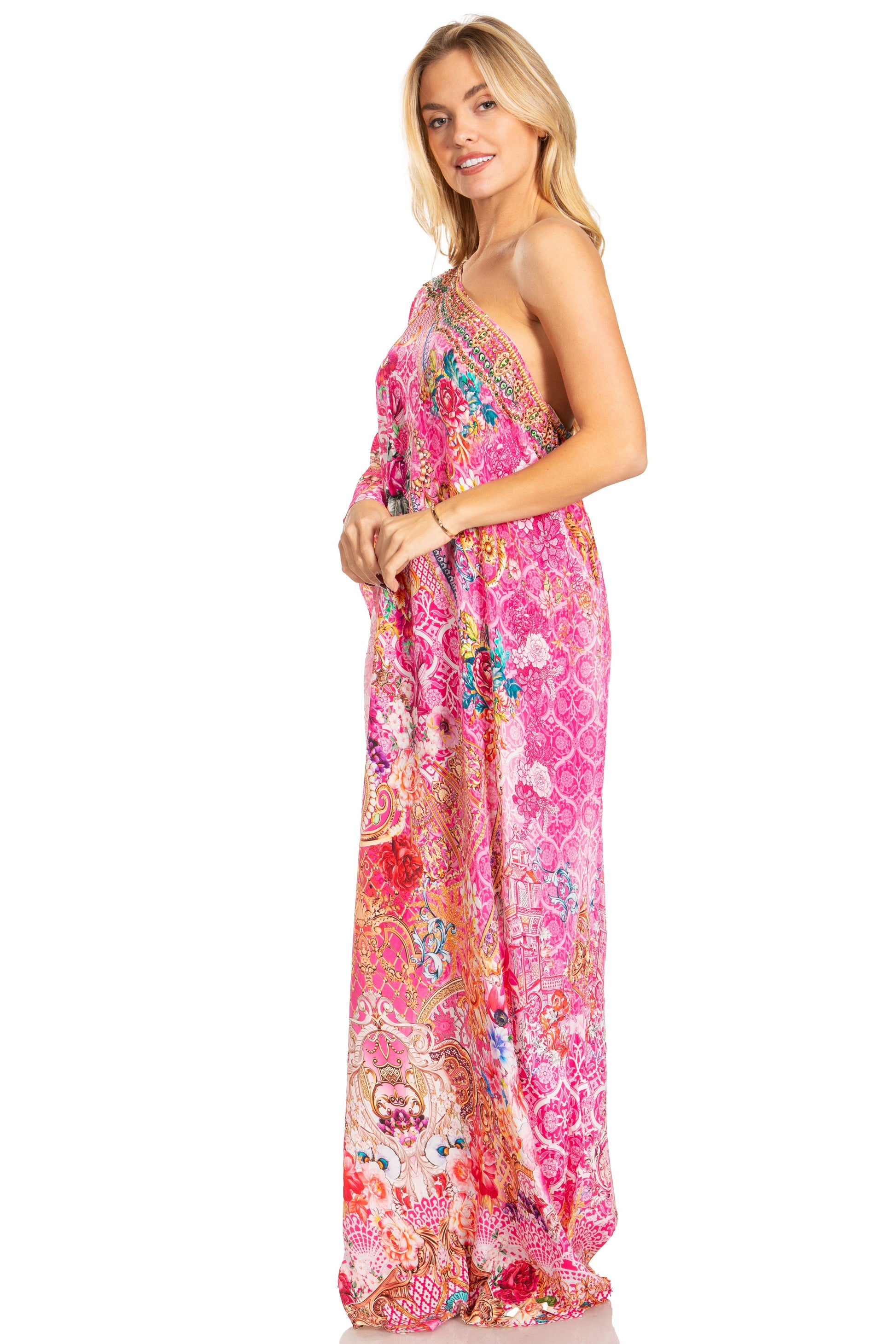 Sakkas Dora Women's One Shoulder Short Sleeve Casual Elegant Maxi Dress with Print - Concordia Style Boutique