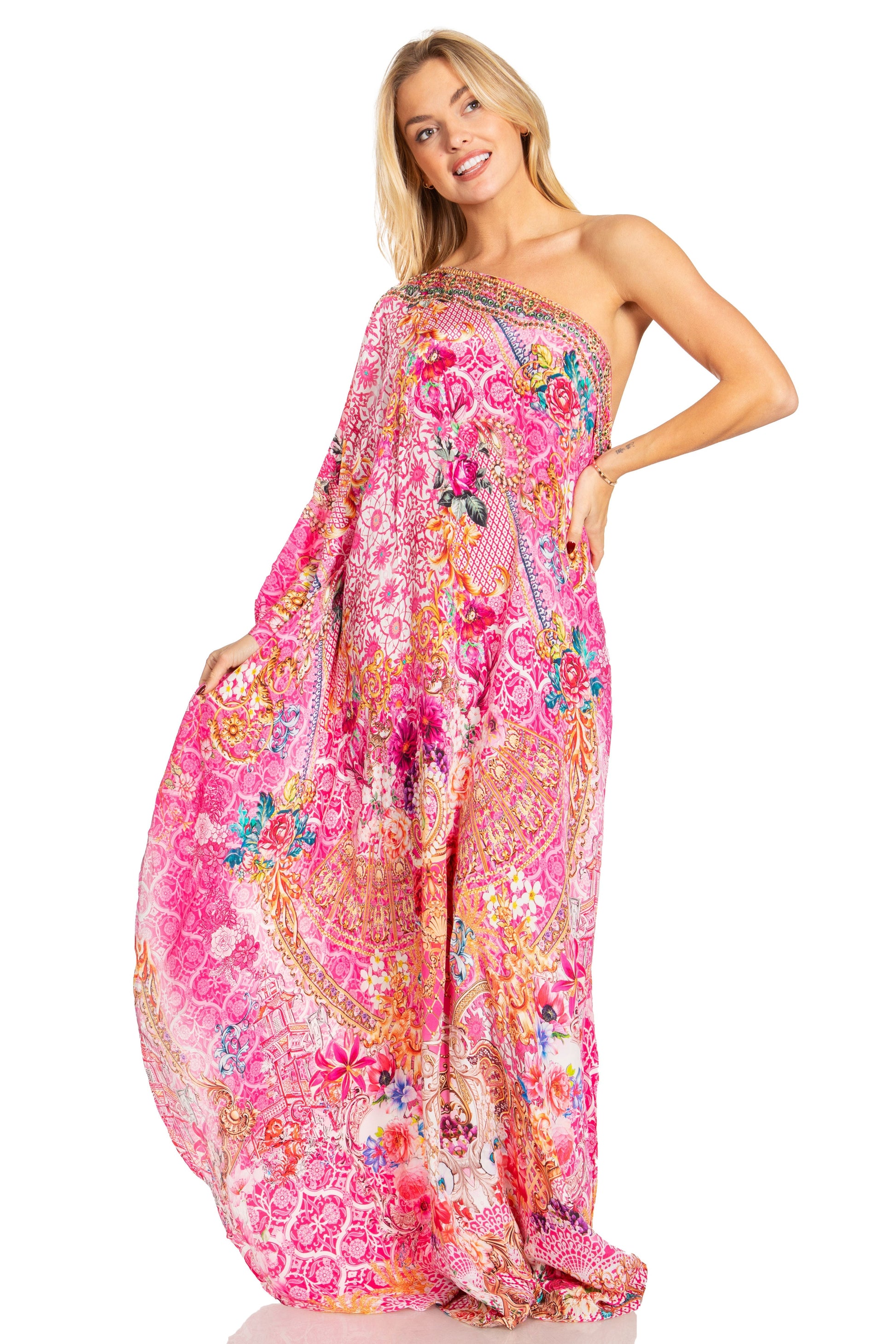 Sakkas Dora Women's One Shoulder Short Sleeve Casual Elegant Maxi Dress with Print - Concordia Style Boutique