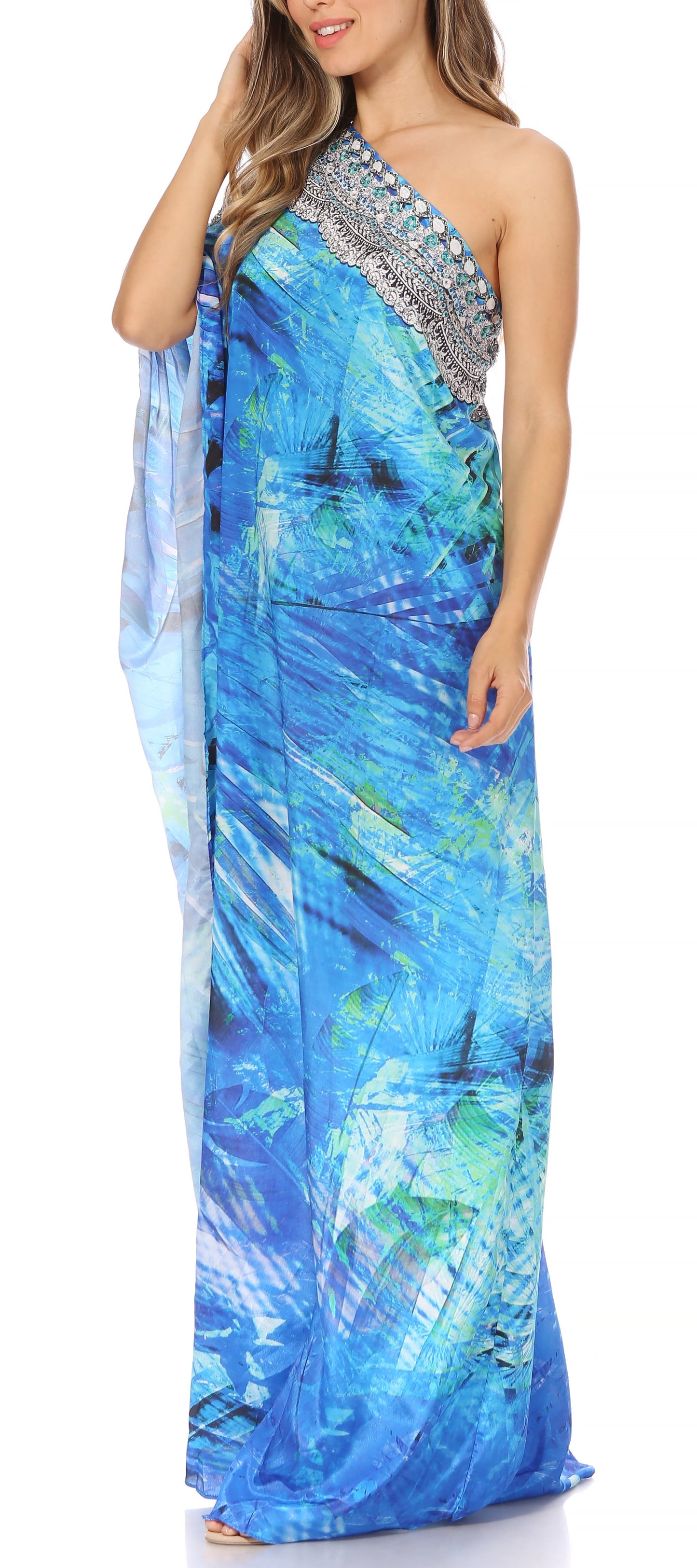 Sakkas Dora Women's One Shoulder Short Sleeve Casual Elegant Maxi Dress with Print - Concordia Style Boutique