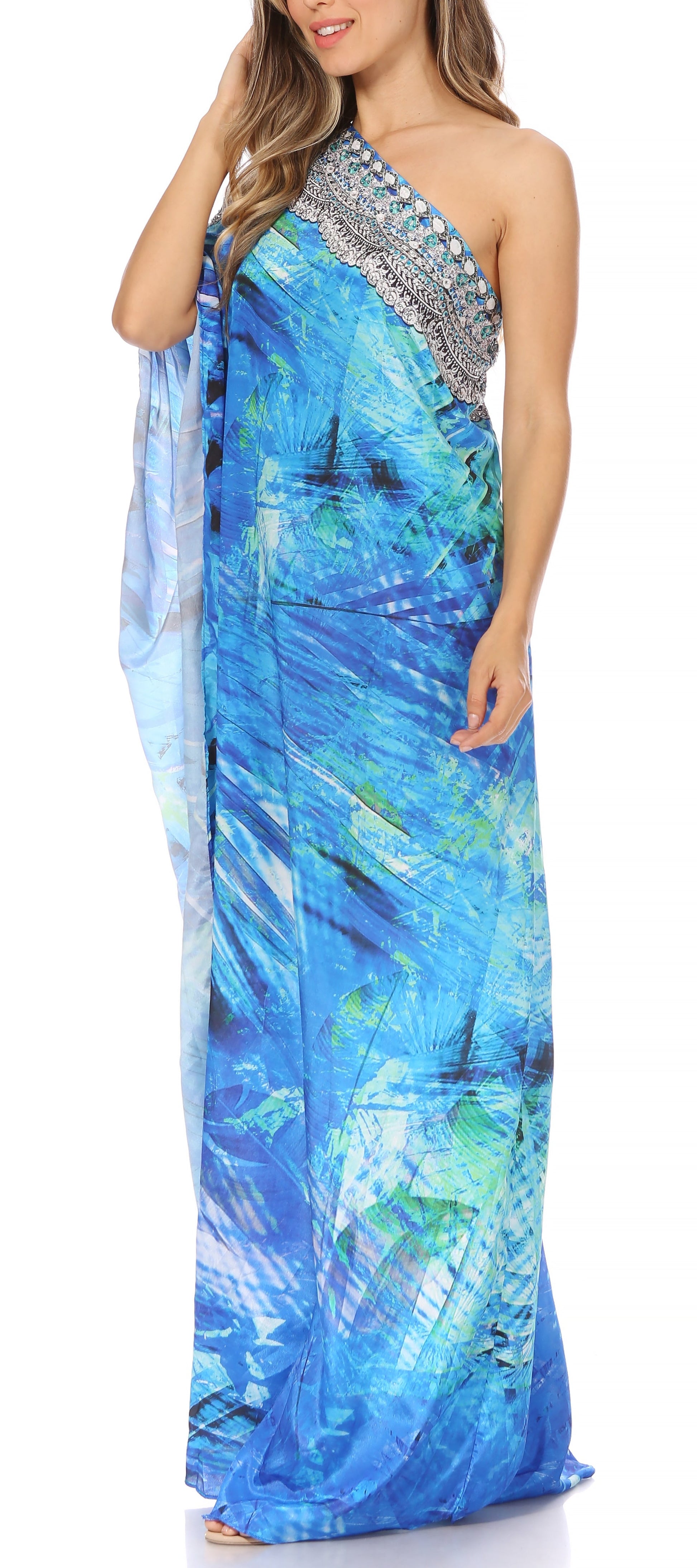Sakkas Dora Women's One Shoulder Short Sleeve Casual Elegant Maxi Dress with Print - Concordia Style Boutique