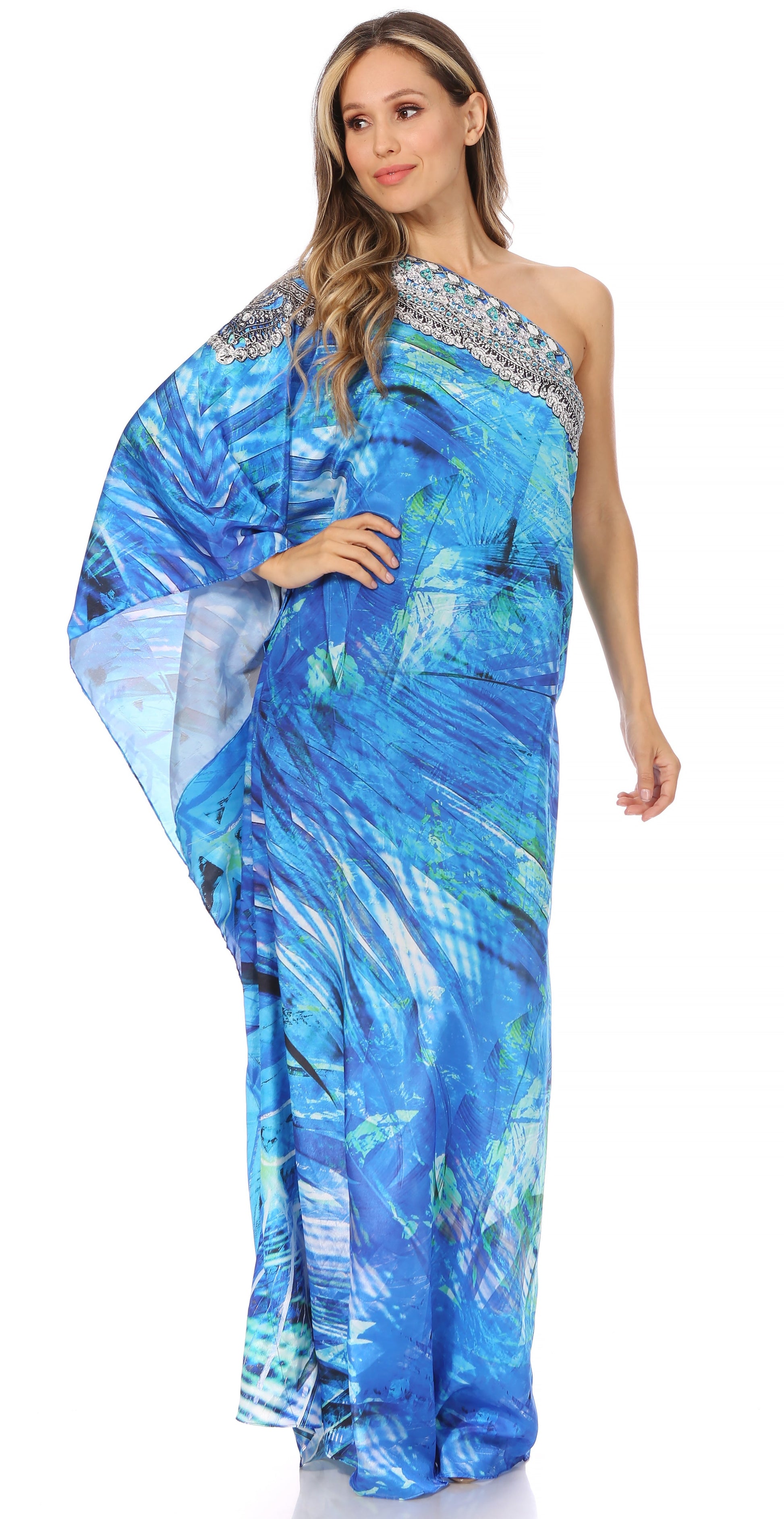 Sakkas Dora Women's One Shoulder Short Sleeve Casual Elegant Maxi Dress with Print - Concordia Style Boutique