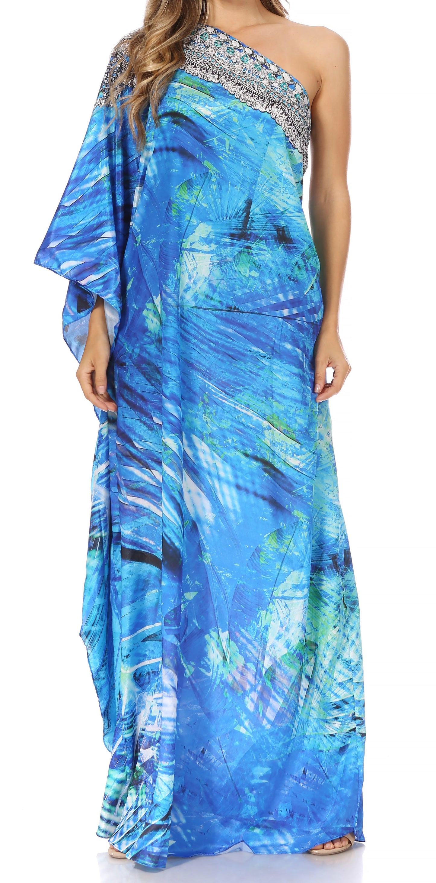 Sakkas Dora Women's One Shoulder Short Sleeve Casual Elegant Maxi Dress with Print - Concordia Style Boutique