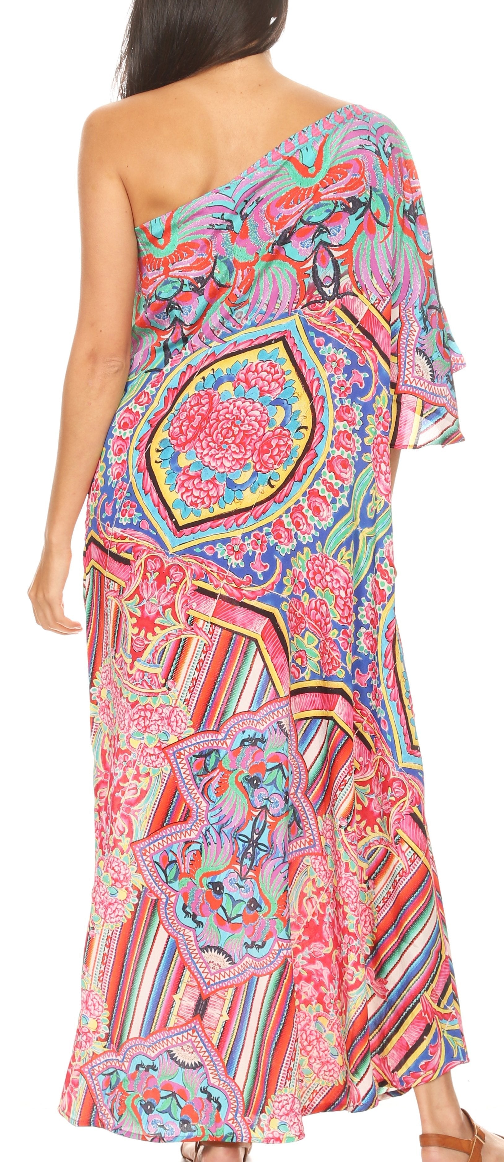 Sakkas Dora Women's One Shoulder Short Sleeve Casual Elegant Maxi Dress with Print - Concordia Style Boutique