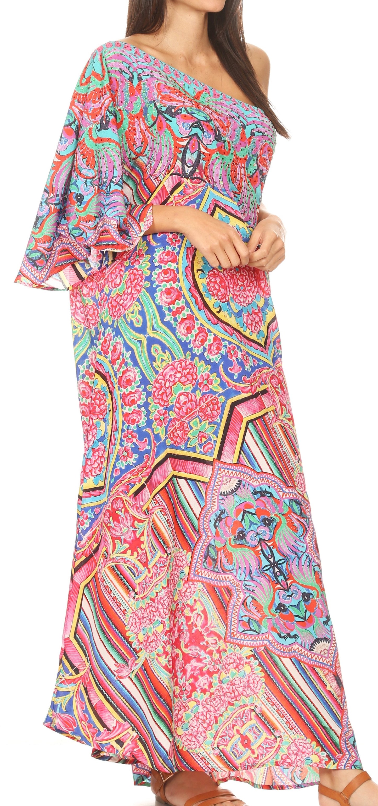 Sakkas Dora Women's One Shoulder Short Sleeve Casual Elegant Maxi Dress with Print - Concordia Style Boutique