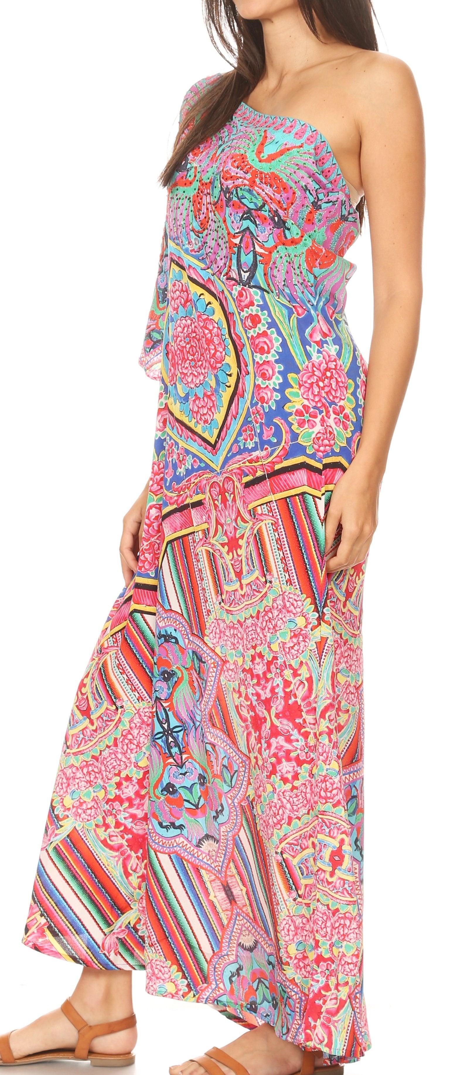 Sakkas Dora Women's One Shoulder Short Sleeve Casual Elegant Maxi Dress with Print - Concordia Style Boutique