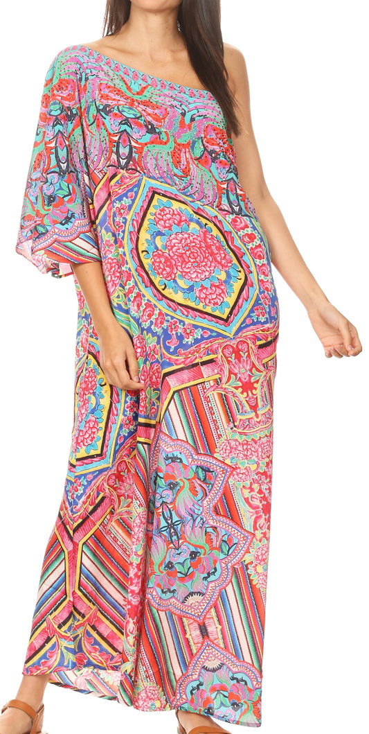 Sakkas Dora Women's One Shoulder Short Sleeve Casual Elegant Maxi Dress with Print - Concordia Style Boutique