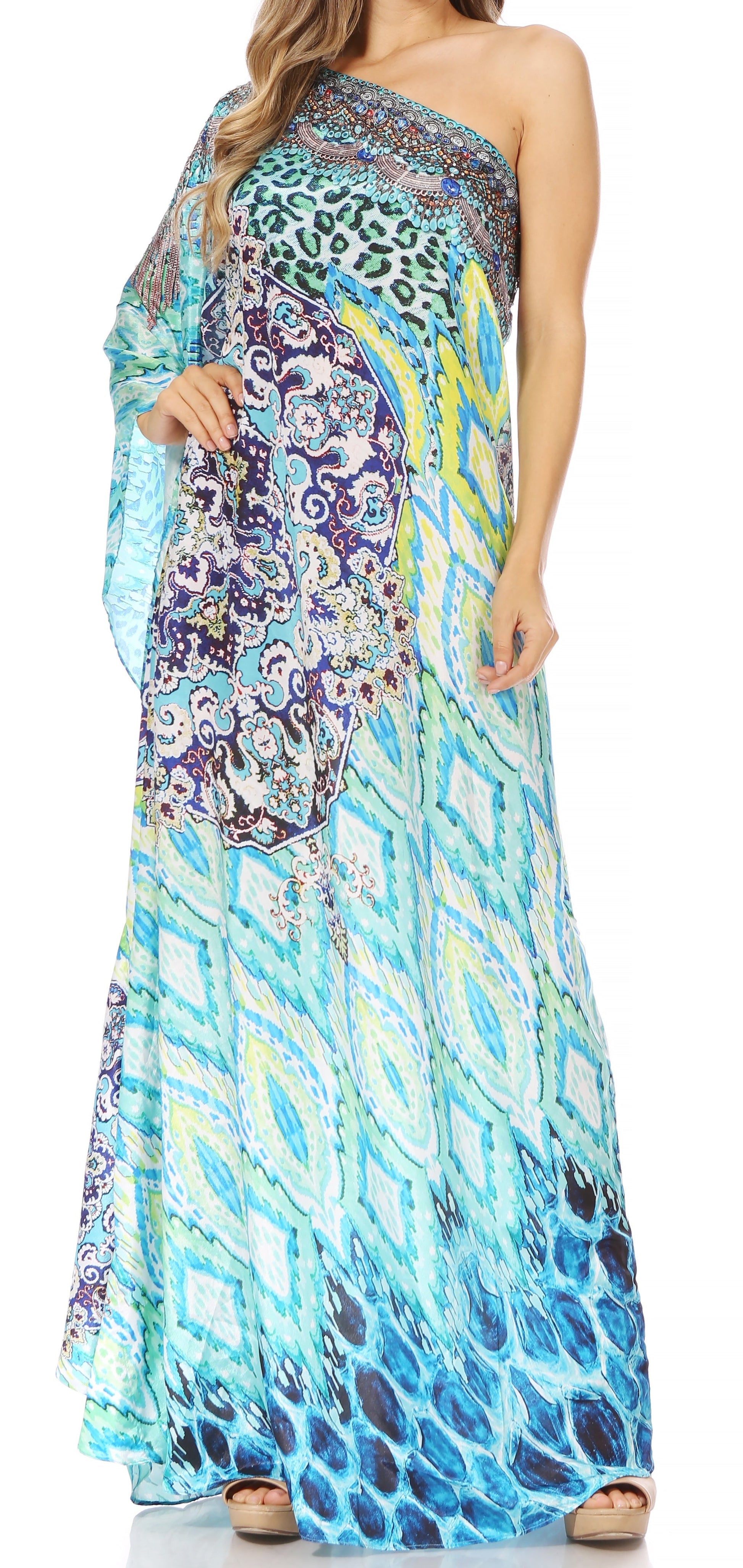 Sakkas Dora Women's One Shoulder Short Sleeve Casual Elegant Maxi Dress with Print - Concordia Style Boutique