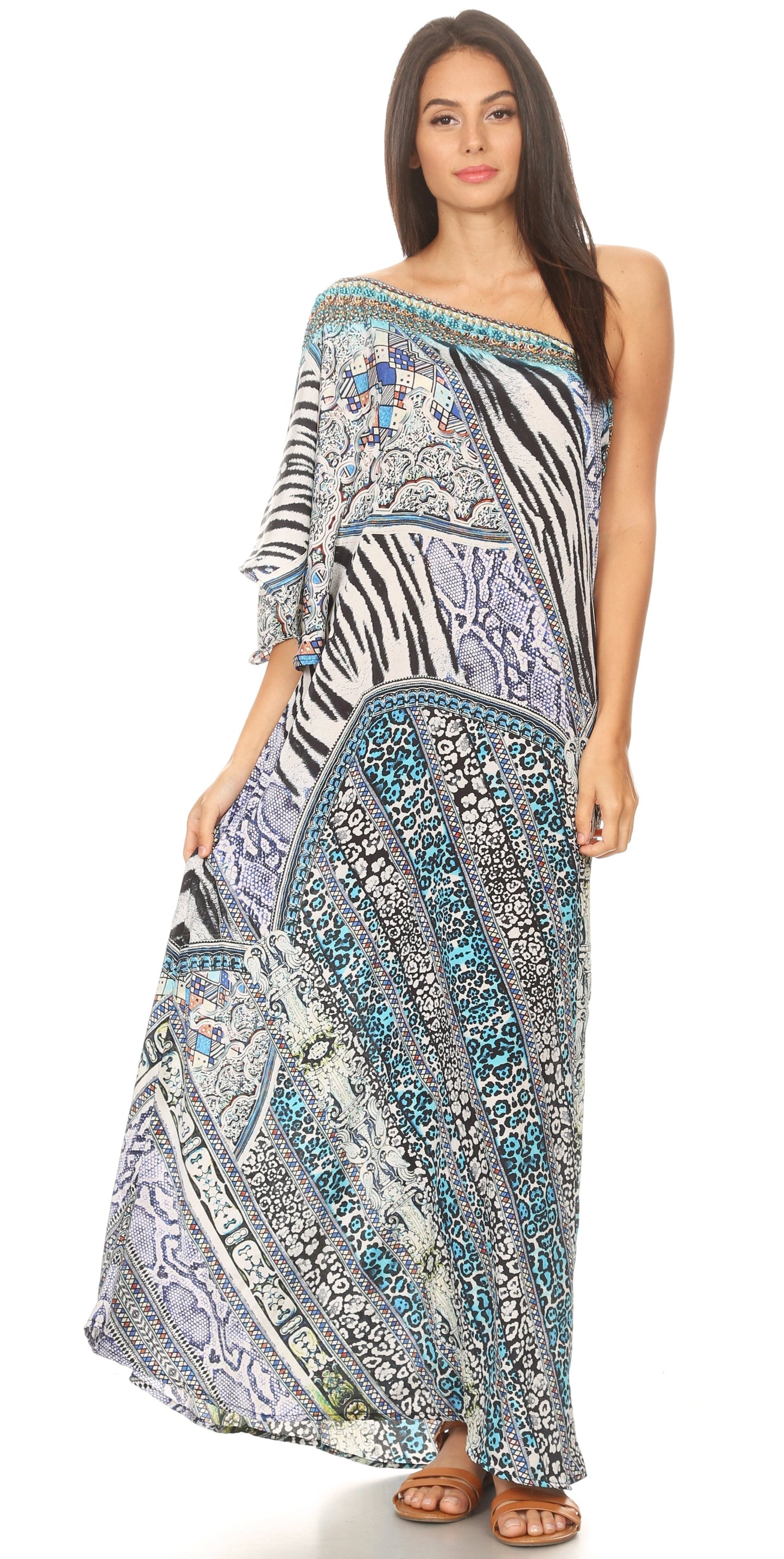 Sakkas Dora Women's One Shoulder Short Sleeve Casual Elegant Maxi Dress with Print - Concordia Style Boutique