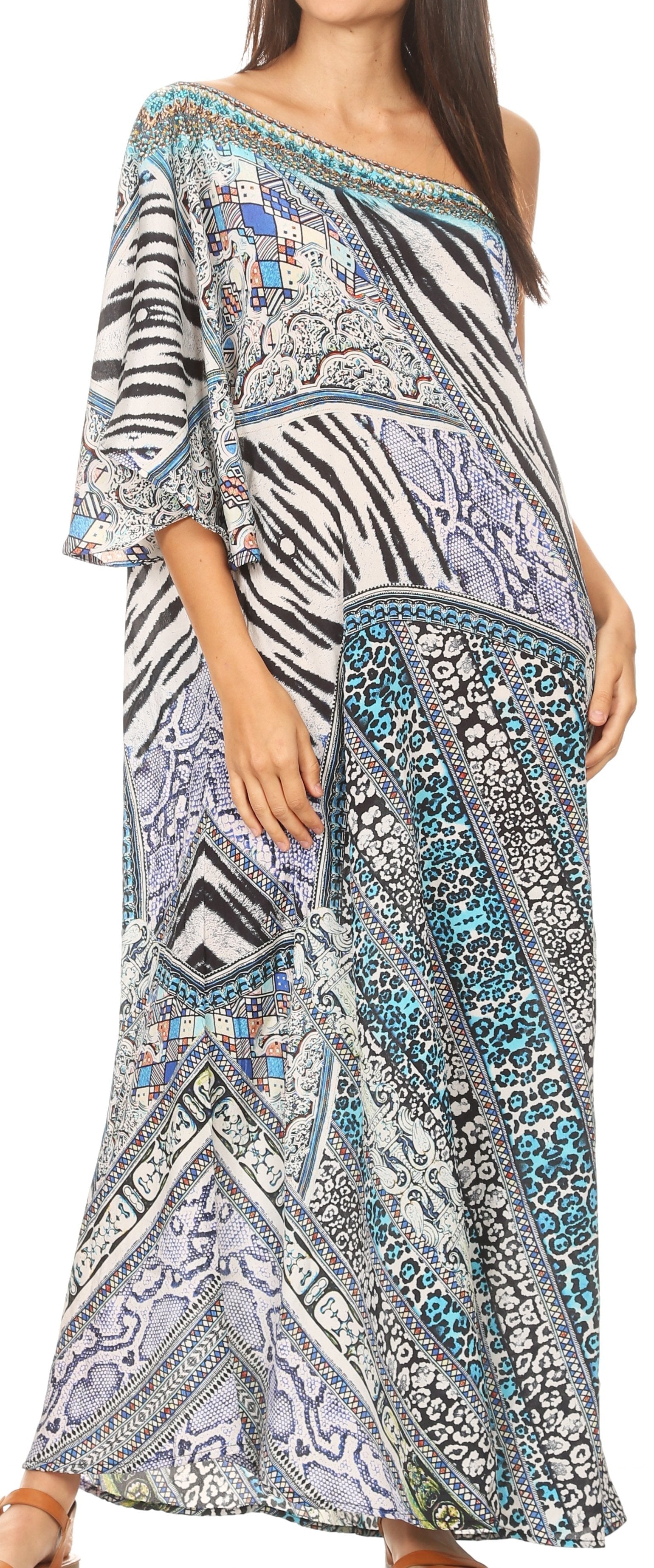 Sakkas Dora Women's One Shoulder Short Sleeve Casual Elegant Maxi Dress with Print - Concordia Style Boutique