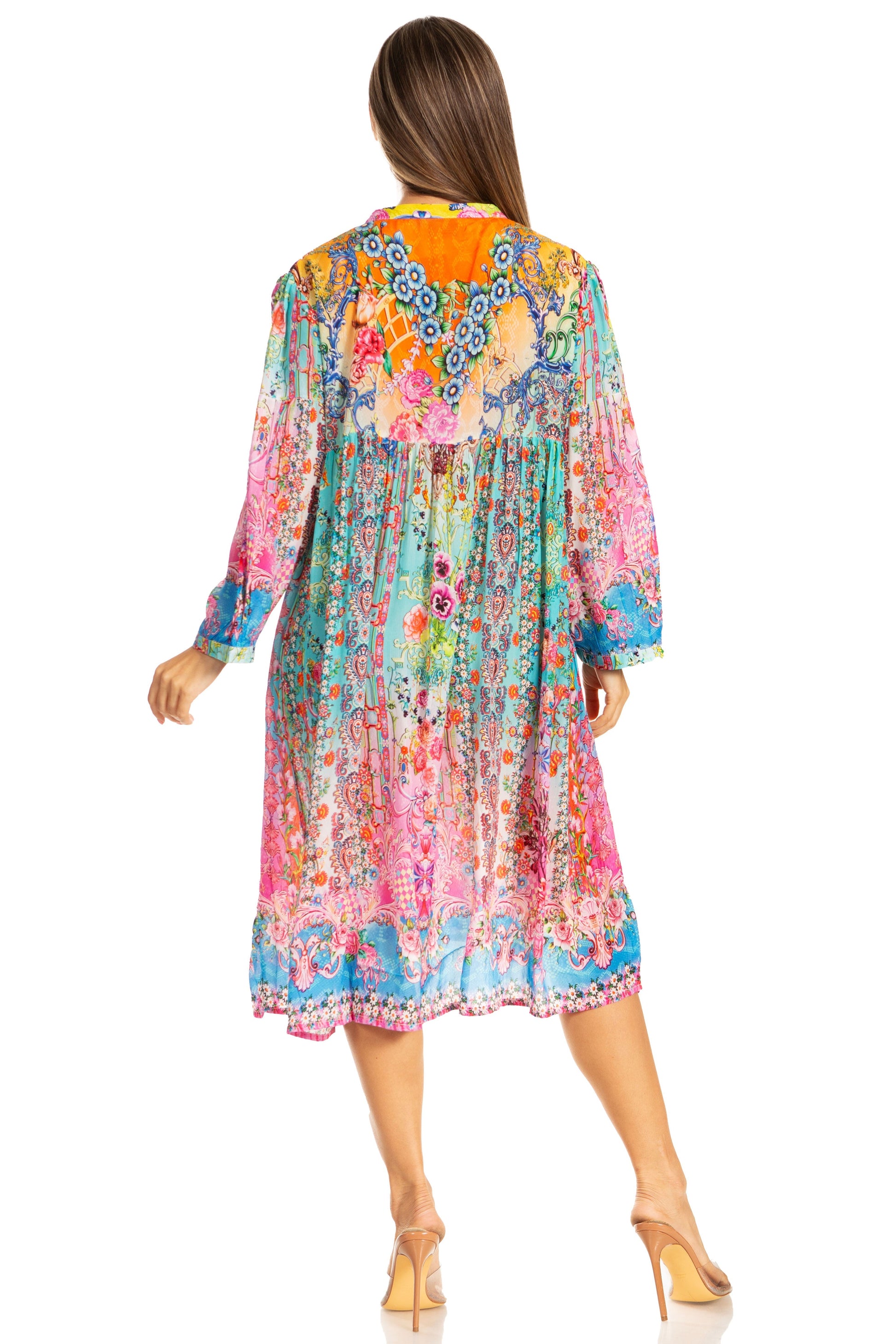 Sakkas Womens 3/4 Puff Sleeves Split Neck Summer Short Flowy Swing Dress/Cover-up - Concordia Style Boutique