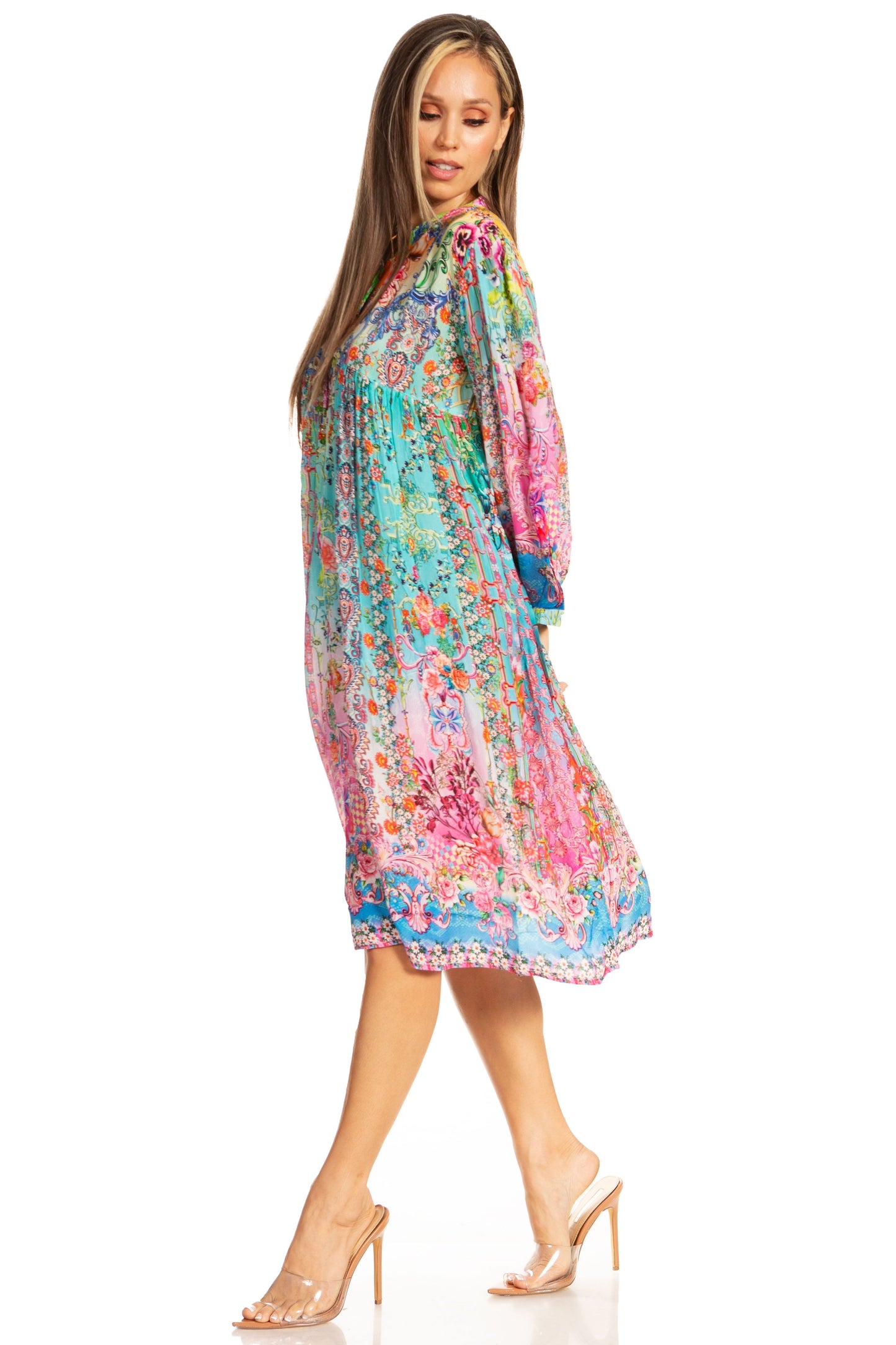 Sakkas Womens 3/4 Puff Sleeves Split Neck Summer Short Flowy Swing Dress/Cover-up - Concordia Style Boutique