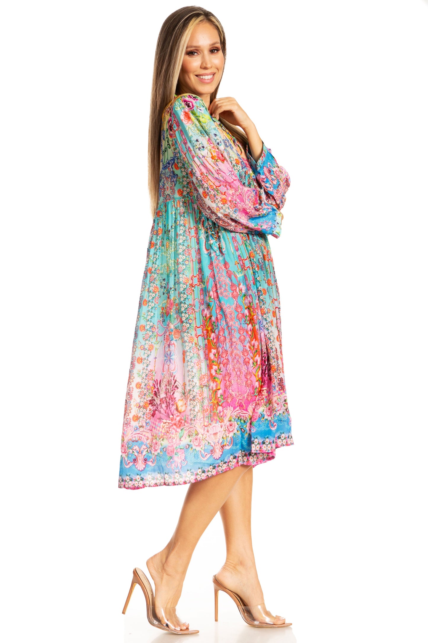 Sakkas Womens 3/4 Puff Sleeves Split Neck Summer Short Flowy Swing Dress/Cover-up - Concordia Style Boutique