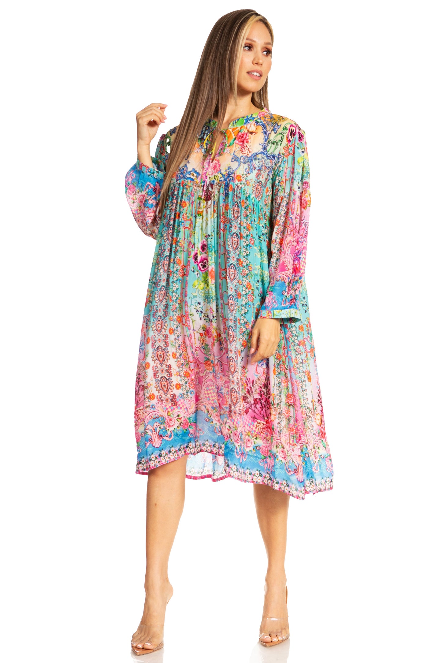 Sakkas Womens 3/4 Puff Sleeves Split Neck Summer Short Flowy Swing Dress/Cover-up - Concordia Style Boutique