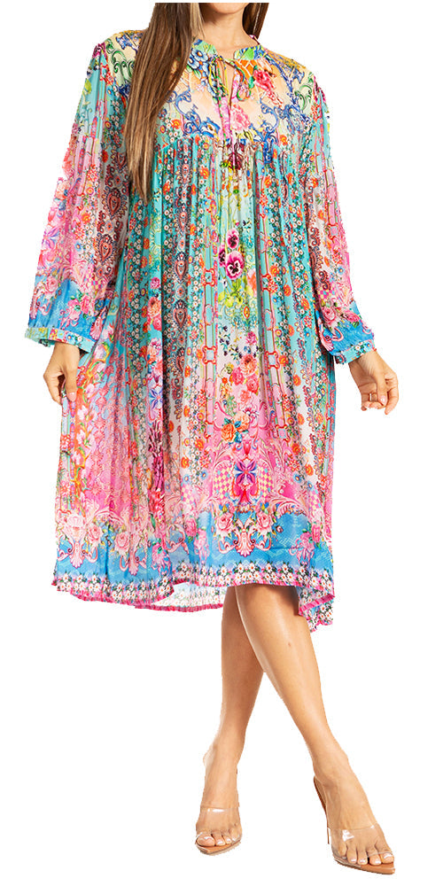 Sakkas Womens 3/4 Puff Sleeves Split Neck Summer Short Flowy Swing Dress/Cover-up - Concordia Style Boutique