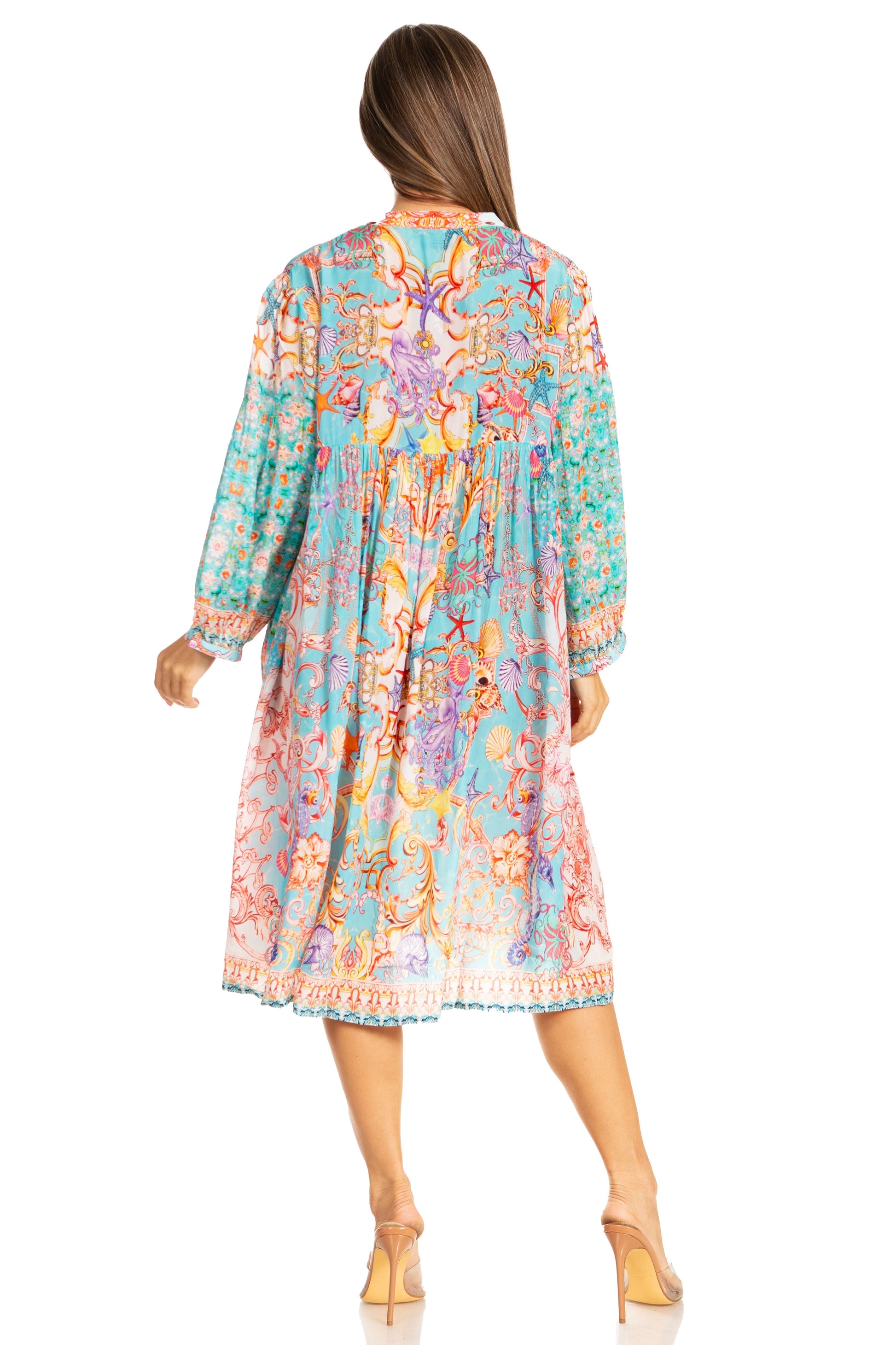 Sakkas Womens 3/4 Puff Sleeves Split Neck Summer Short Flowy Swing Dress/Cover-up - Concordia Style Boutique