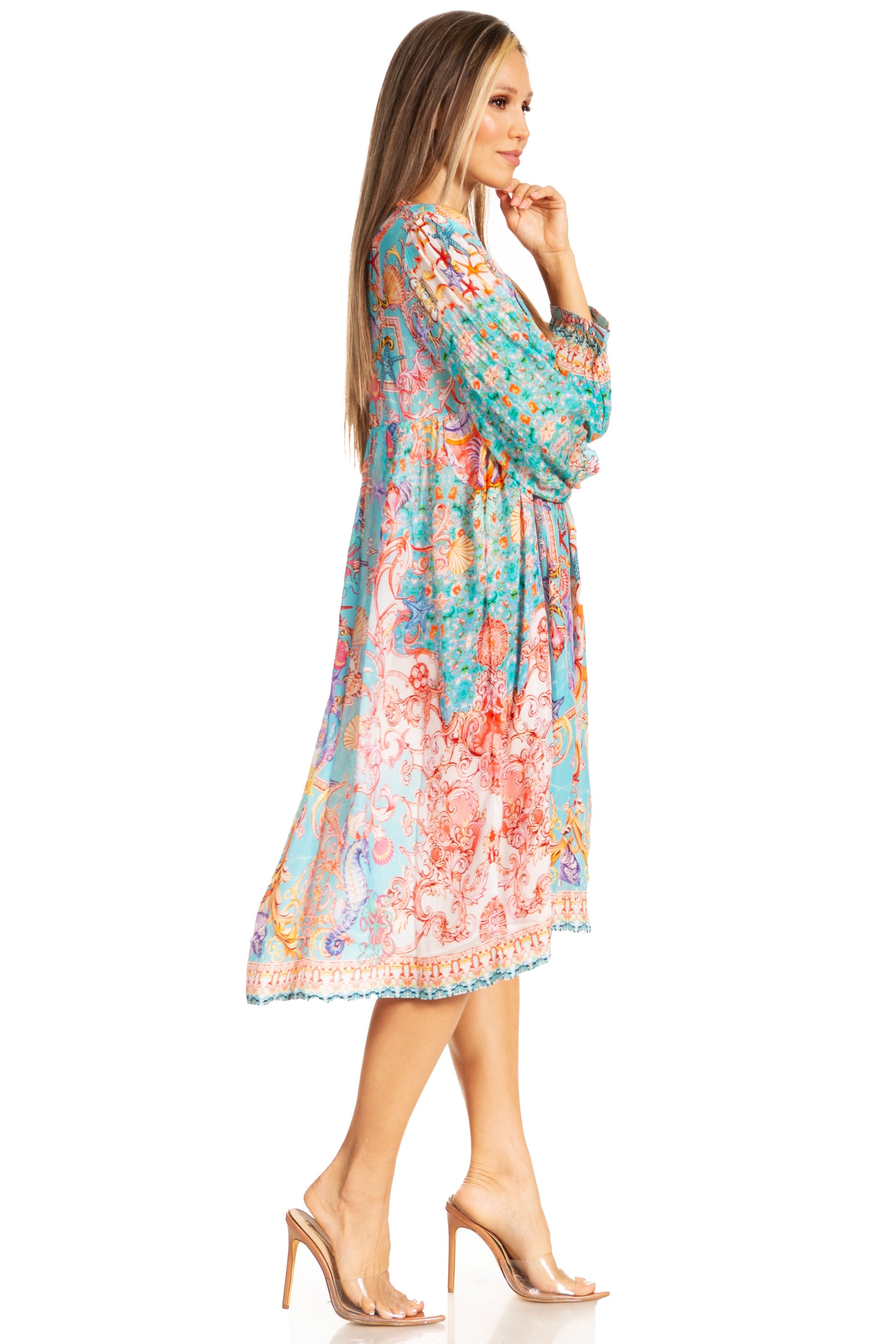 Sakkas Womens 3/4 Puff Sleeves Split Neck Summer Short Flowy Swing Dress/Cover-up - Concordia Style Boutique