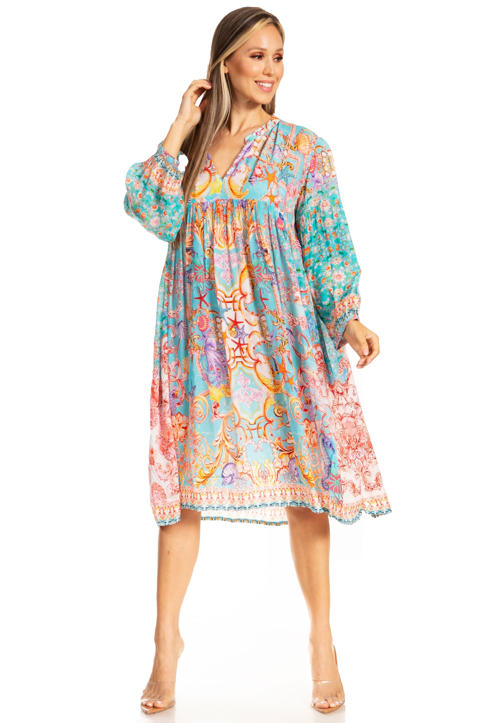 Sakkas Womens 3/4 Puff Sleeves Split Neck Summer Short Flowy Swing Dress/Cover-up - Concordia Style Boutique