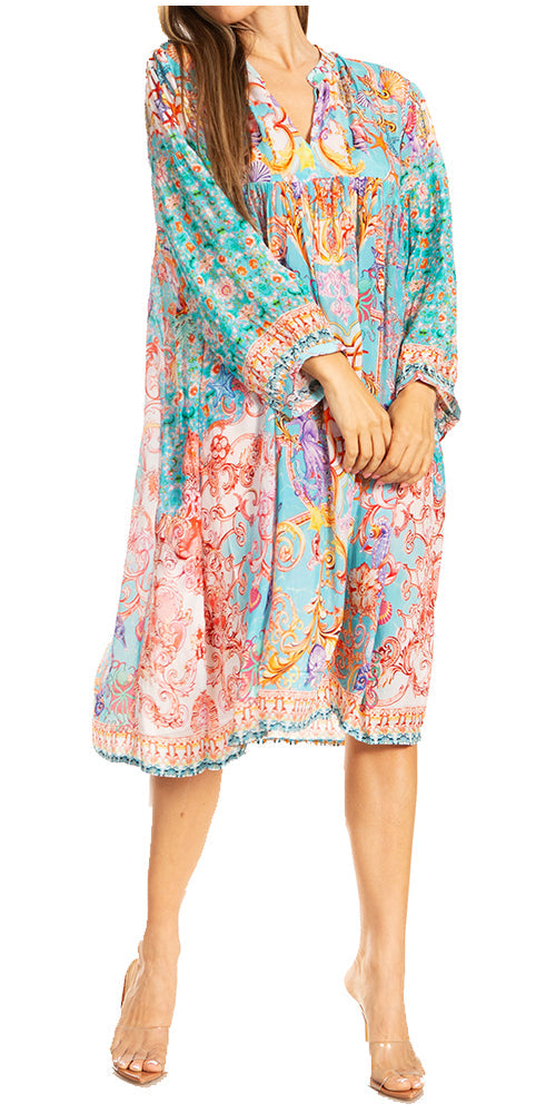 Sakkas Womens 3/4 Puff Sleeves Split Neck Summer Short Flowy Swing Dress/Cover-up - Concordia Style Boutique